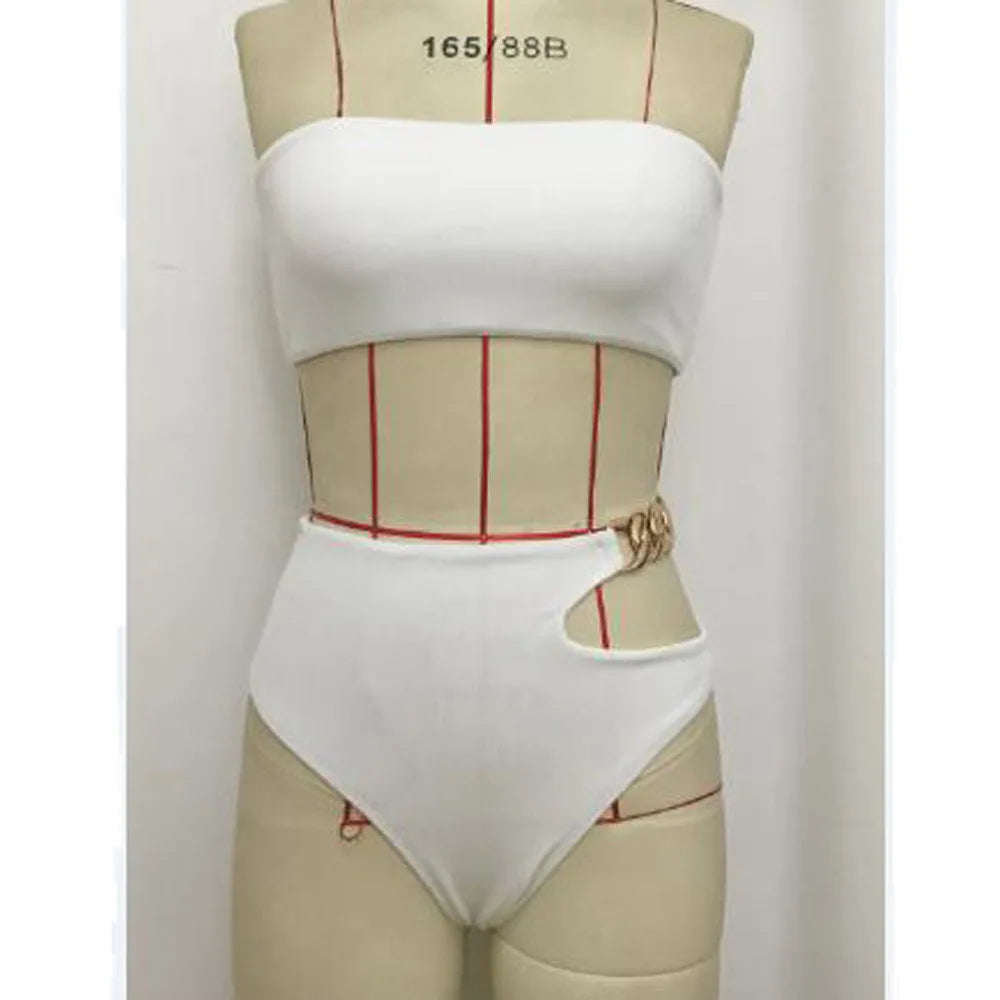 Bandeau Bikini 2025 Women Sexy White Black Cut Out Metal High Waist Swimsuit Female Off Shoulder Bathing Suit Swimwear Beachwear