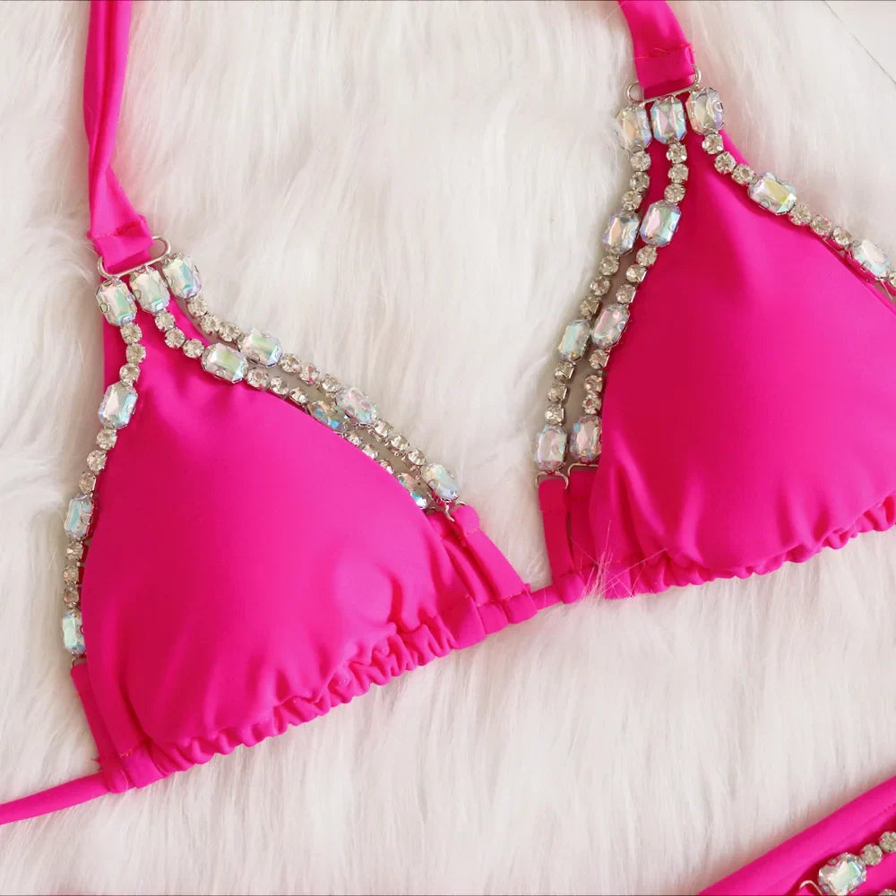 Sexy Rhinestone Bikini Set 2025 Shinny Hot Pink Push Up Thong Swimsuit Brazilian Diamond Metal Chain Beach Bathing Suit Swimwear