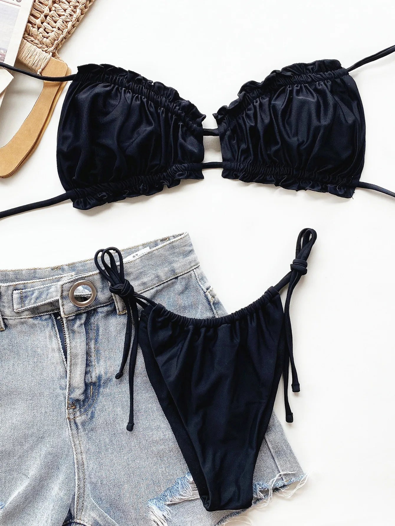 Pleated Swimsuit Women Hollow Out Bandage Ruffles Push Up Triangle Bikini Brazilian Black Green Bathing Suit Micro Swimwear 2025