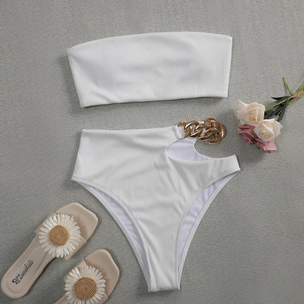 Bandeau Bikini 2025 Women Sexy White Black Cut Out Metal High Waist Swimsuit Female Off Shoulder Bathing Suit Swimwear Beachwear