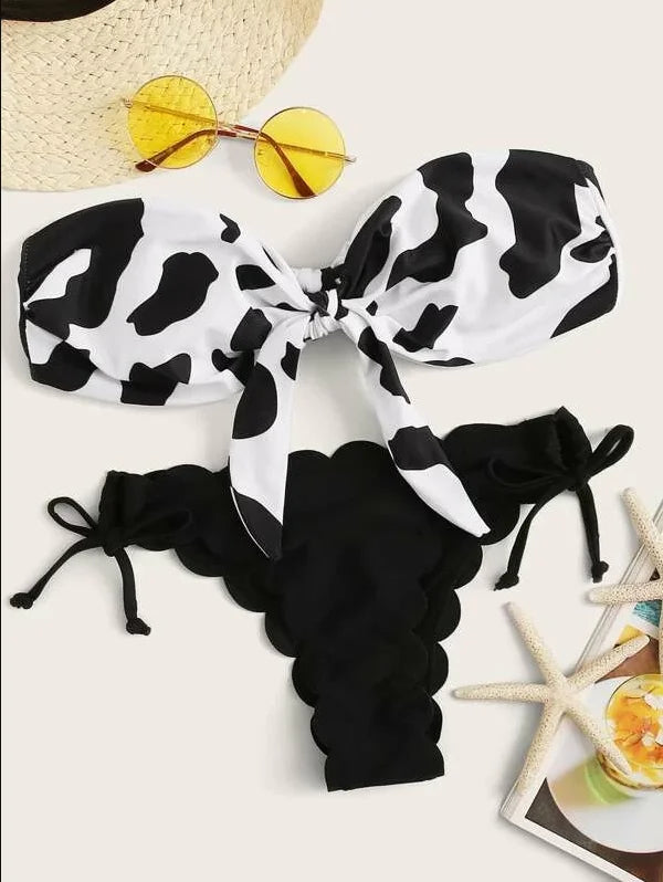 Beach Bikini 2025 Woman Sexy Front Lace Up Tie Bandeau Leopard Swimsuit Female Push Up Ruffled Bow Bathing Suit Thong Swimwear
