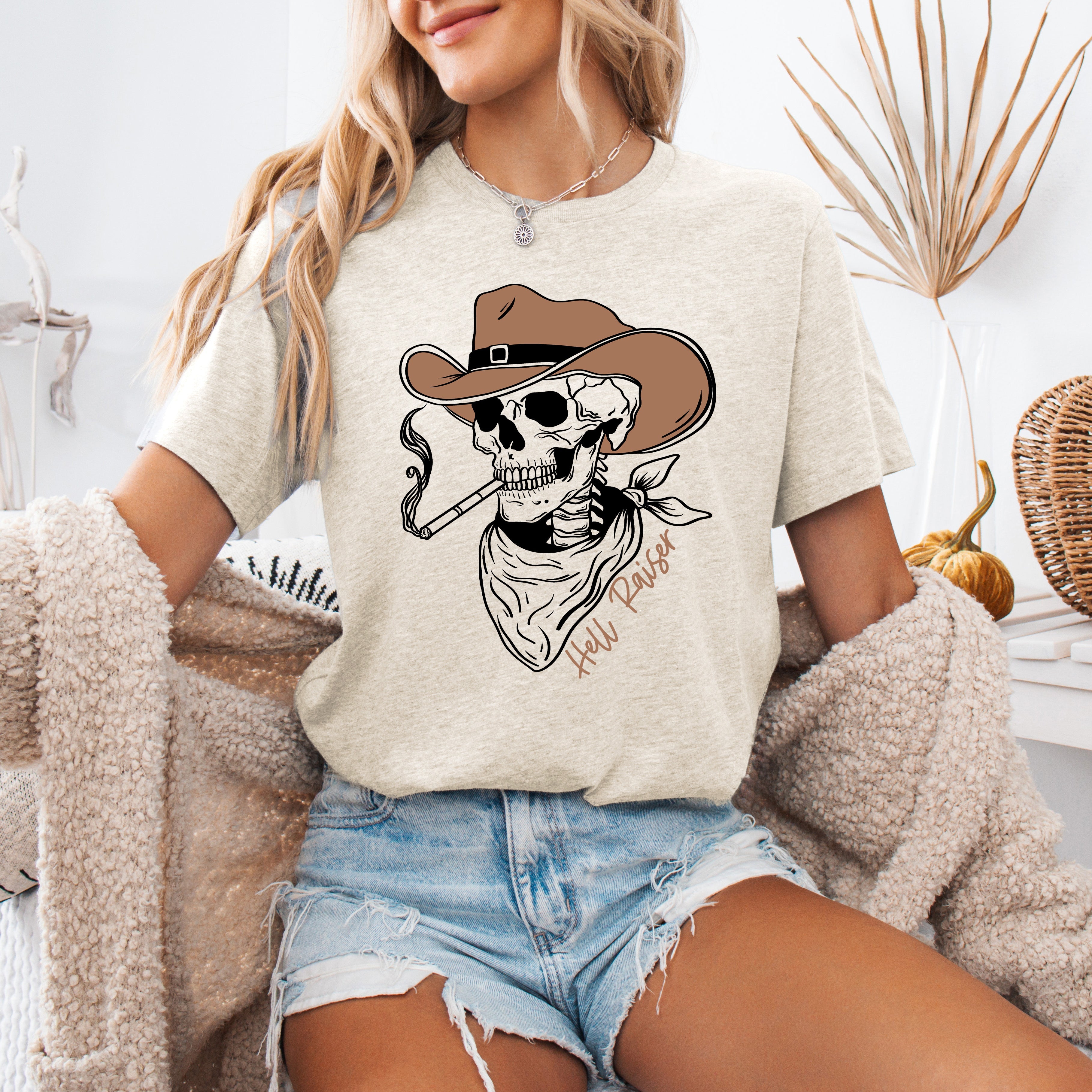 Hell Raiser Skeleton Halloween Cowboy Western Spooky Motif With Rustic Vintage Vibe Graphic Tee