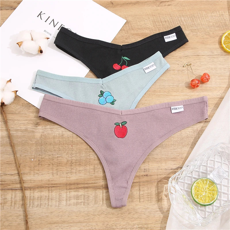 4Pcs/set Cotton Thongs Women Low-Rise Bikini Underwear M-XL Comfortable G-string Female Fruit Embroidery T-Back Panties Lingerie