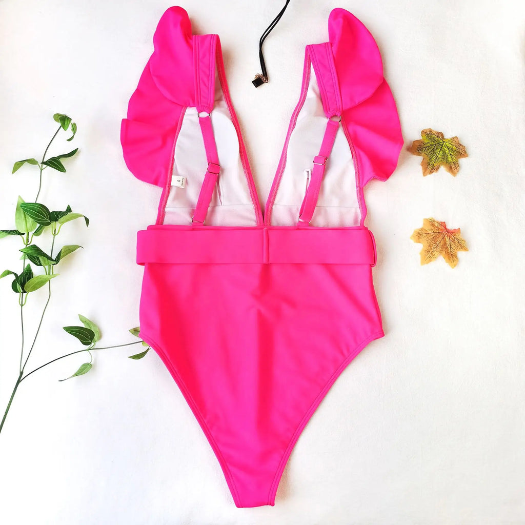 Sexy One Piece Swimsuit 2025 White Deep-V Neck Swimwear Women Black Beach High Cut Ruffles Monokini Buckle Bathing Suit Bodysuit