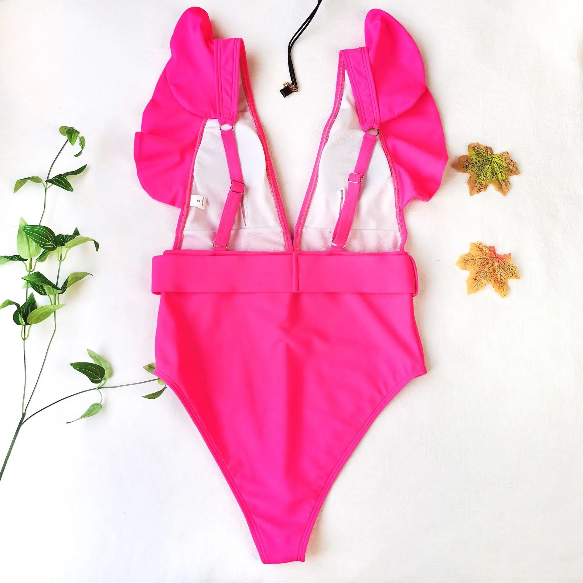 Sexy One Piece Swimsuit 2025 White Deep-V Neck Swimwear Women Black Beach High Cut Ruffles Monokini Buckle Bathing Suit Bodysuit