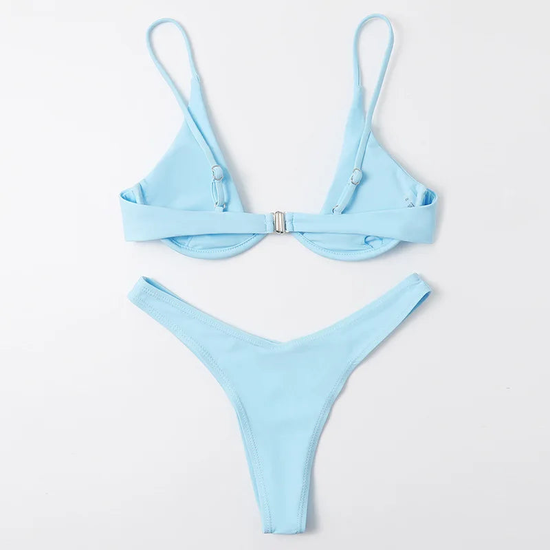 Sexy Underwire Bikini 2026 Mujer Women Solid Red Push Up Bra Thong Swimsuit Haler V Neck Bathing Suit Mini Micro Thong Swimwear