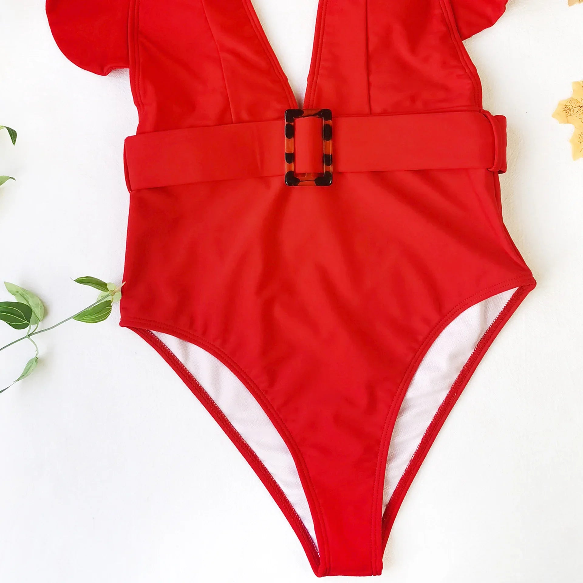 Sexy One Piece Swimsuit 2025 White Deep-V Neck Swimwear Women Black Beach High Cut Ruffles Monokini Buckle Bathing Suit Bodysuit