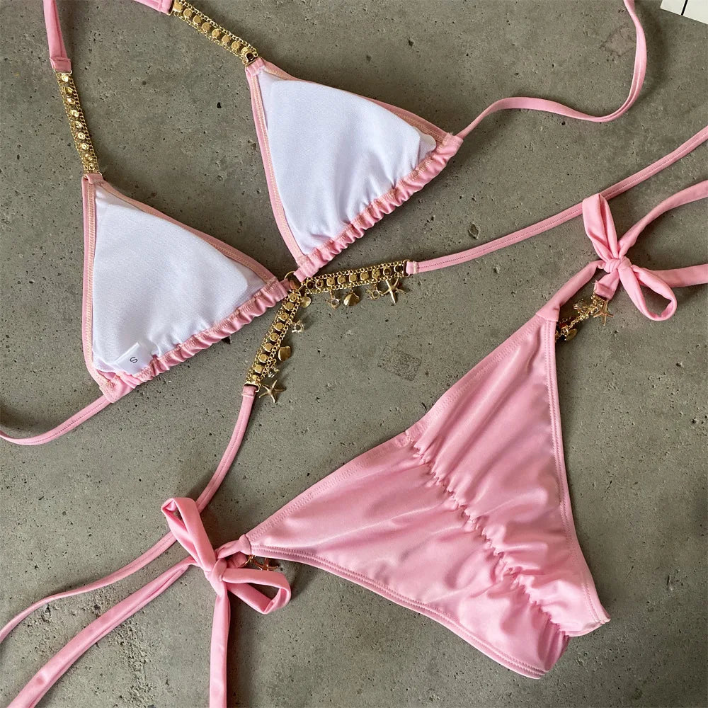 Sexy Luxury Bikini 2026 Women Crystal Rhinestones Push Up Micro Swimsuit Neon Orange Metal Chain Diamond High Cut Thong Swimwear