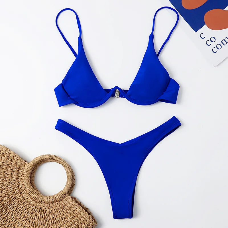 Sexy Underwire Bikini 2026 Mujer Women Solid Red Push Up Bra Thong Swimsuit Haler V Neck Bathing Suit Mini Micro Thong Swimwear