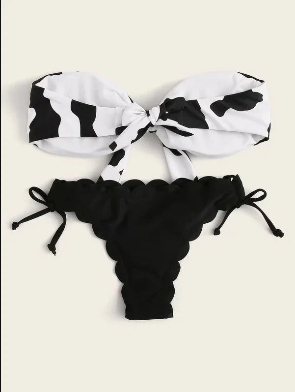 Beach Bikini 2025 Woman Sexy Front Lace Up Tie Bandeau Leopard Swimsuit Female Push Up Ruffled Bow Bathing Suit Thong Swimwear