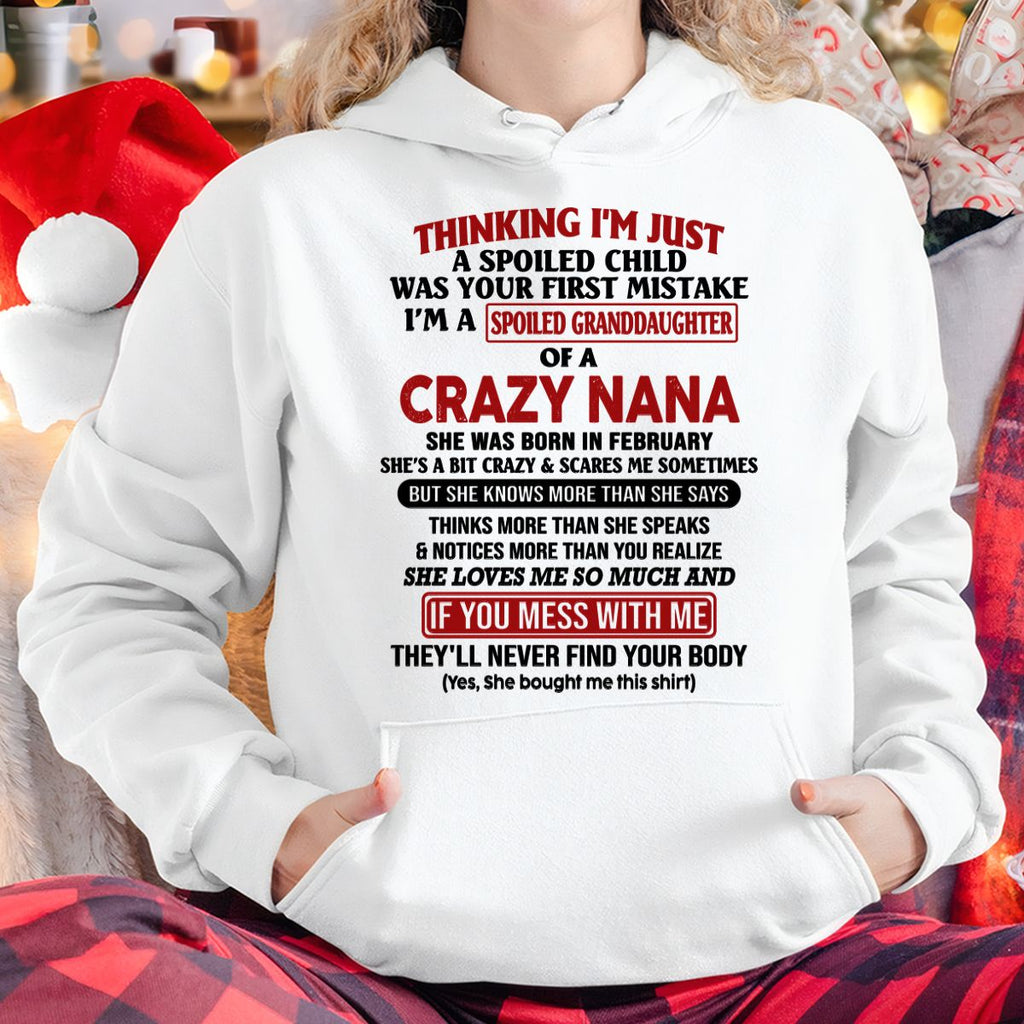 SPOILED GRANDDAUGHTER OF A CRAZY NANA T-SHIRT February Edition - From grandma to granddaughter - NGHL02 (SKU07-129-02)