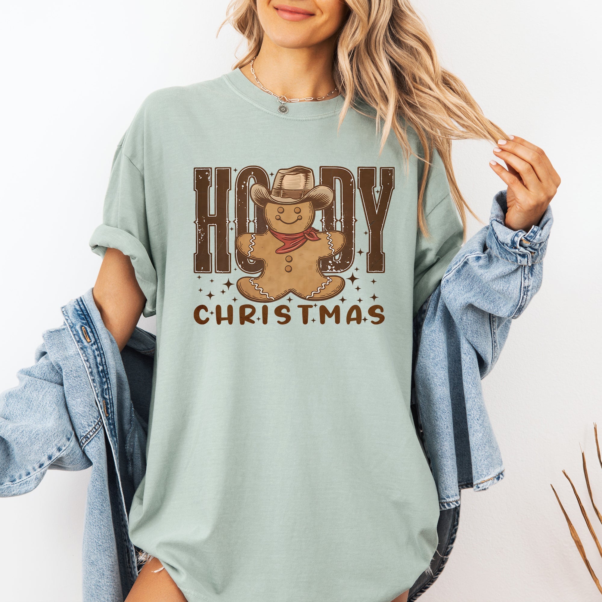 Howdy Christmas Gingerbread Man Cowboy Western Holiday Vintage Inspired Comfort Colors Tee