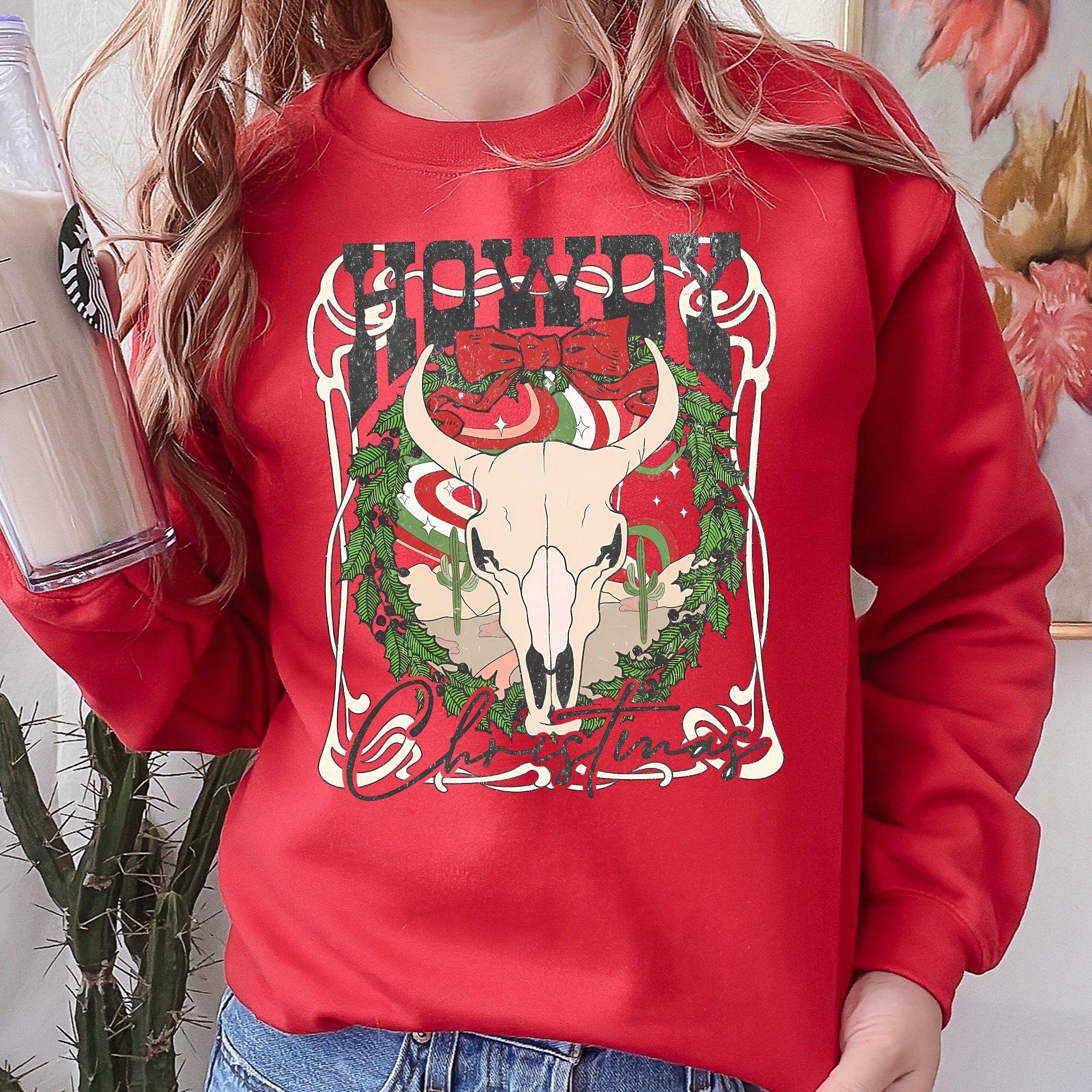 Howdy Christmas Skull Western Cowboy Festive Holiday Edition Graphic Cozy Sweatshirt