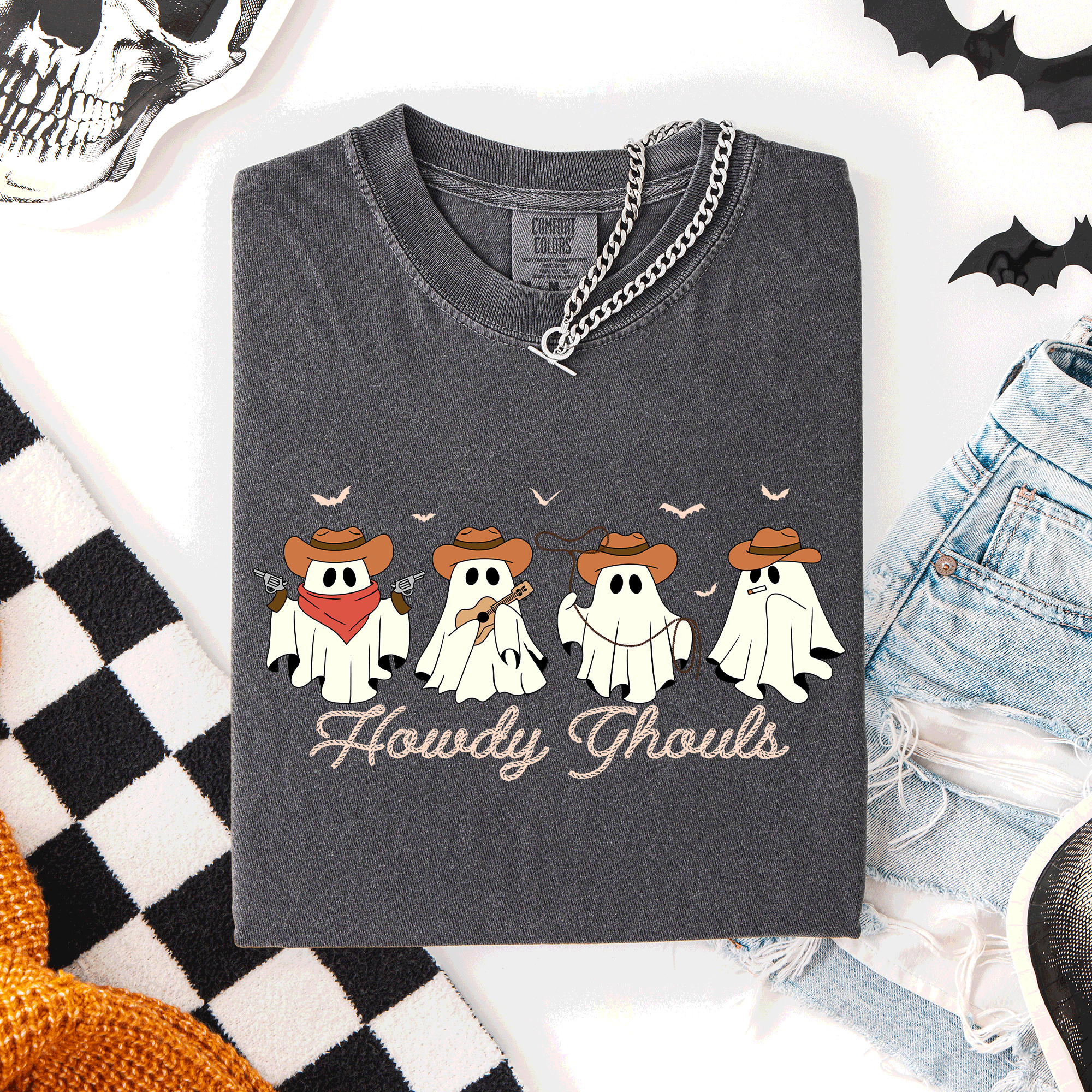 Howdy Ghouls, Cowboy Ghosts Western Halloween Scene With Vintage Sunset Graphics Comfort Colors Tee