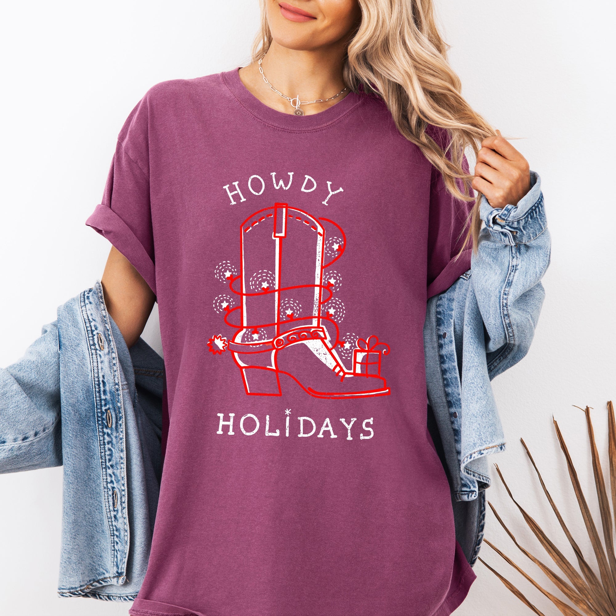 Howdy Holidays Christmas Cowboy Boot Country Western Xmas Vintage Comfort Colors Tee