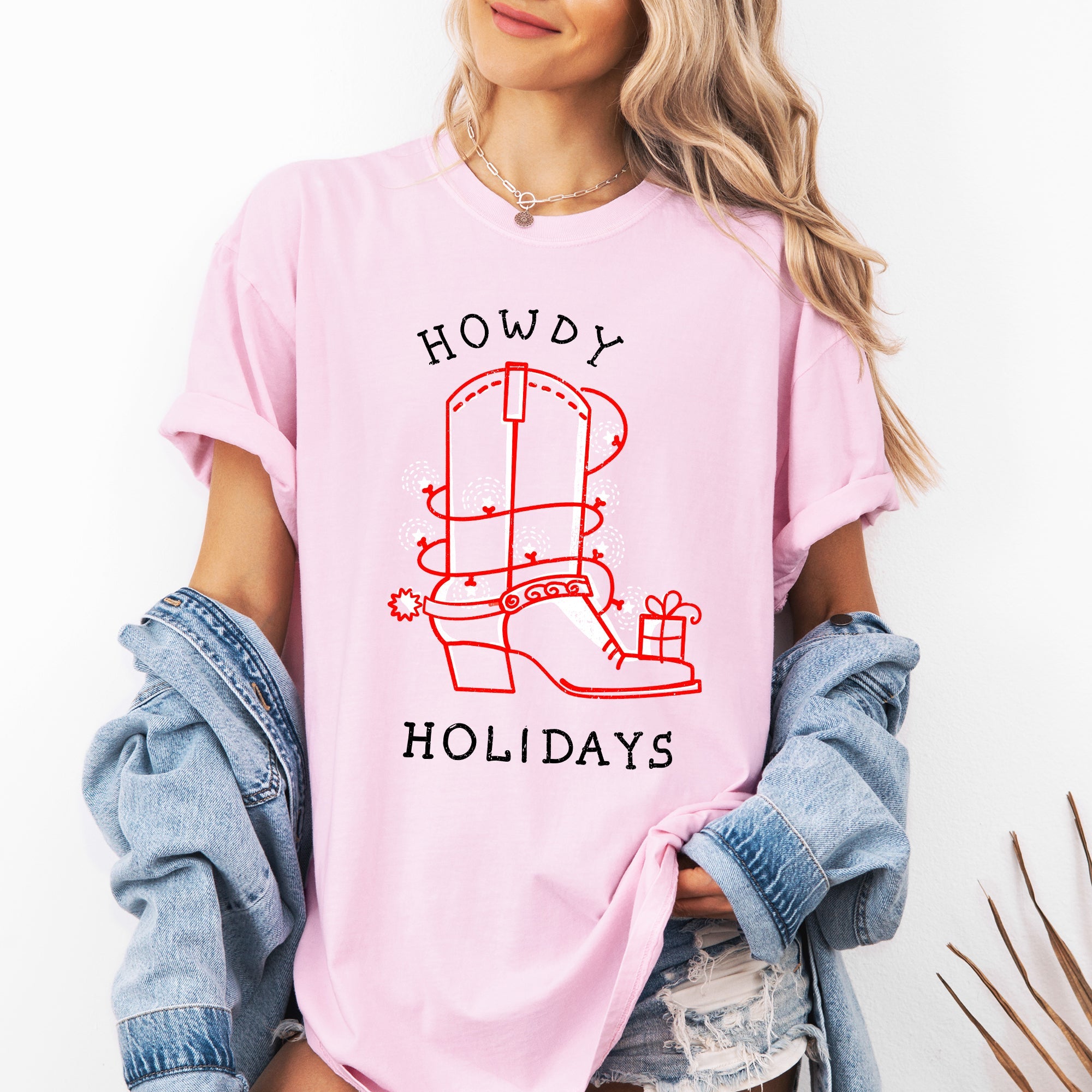 Howdy Holidays Christmas Cowboy Boot Country Western Xmas Vintage Comfort Colors Tee