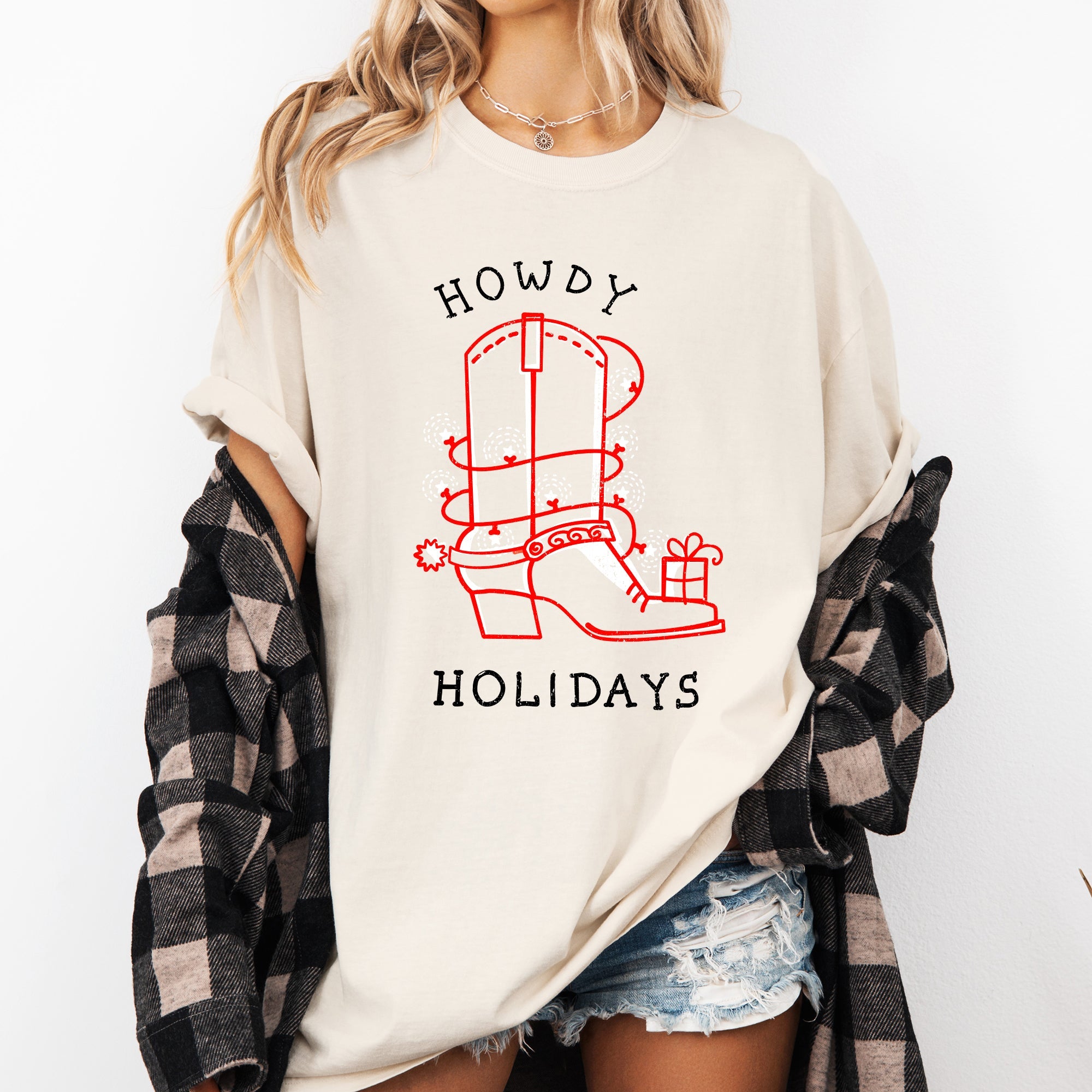Howdy Holidays Christmas Cowboy Boot Country Western Xmas Vintage Comfort Colors Tee