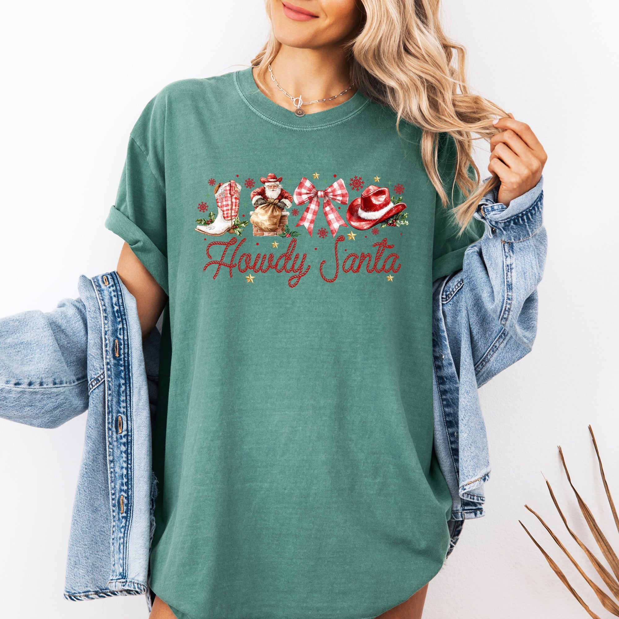 Howdy Santa Retro Country Western Ribbon Bows Christmas Xmas Vintage Holiday Cheer Comfort Colors Tee