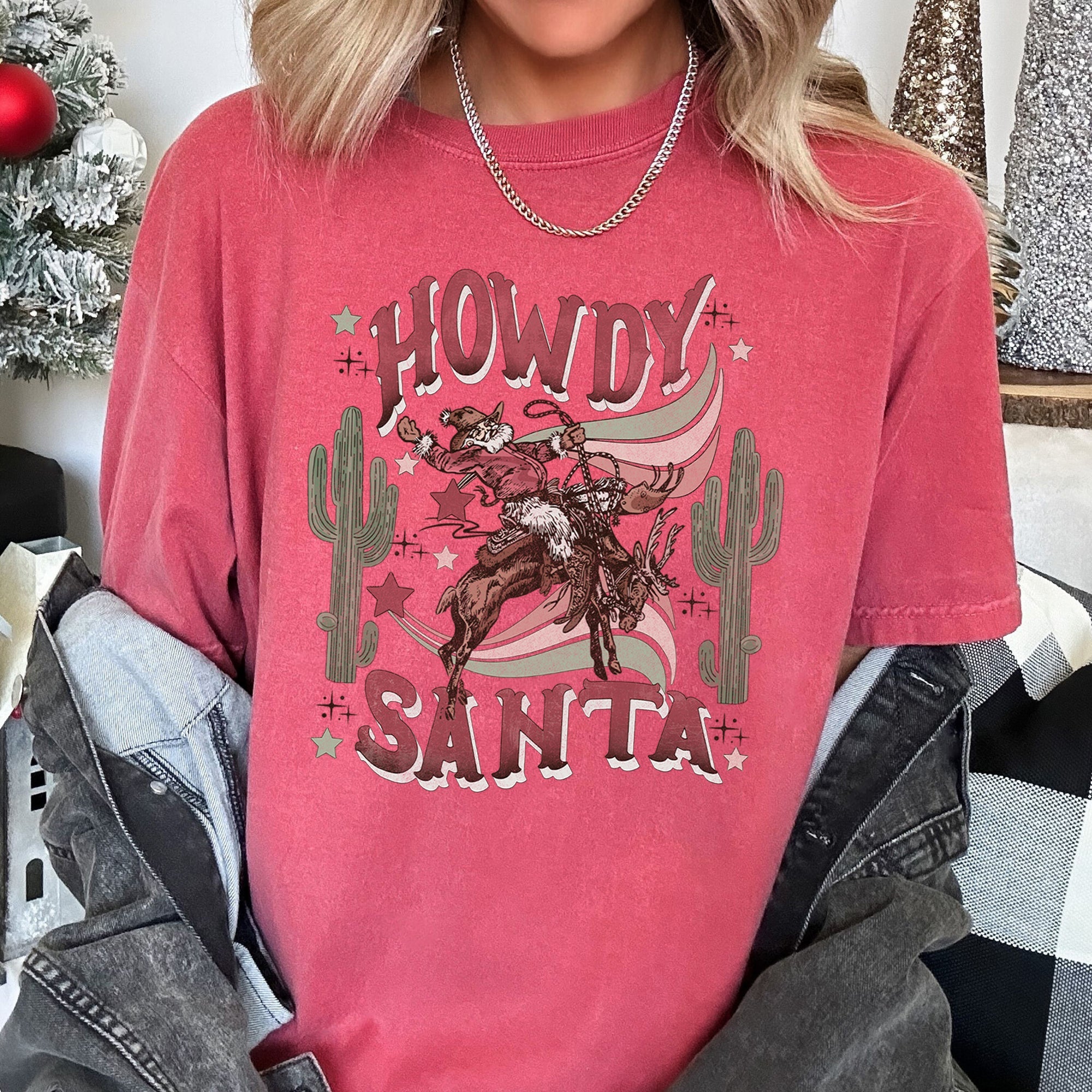 Howdy Santa Cowboy Reindeer Rodeo Desert Cactus Christmas Western Frontier Holiday Vintage Vibe Comfort Colors Tee