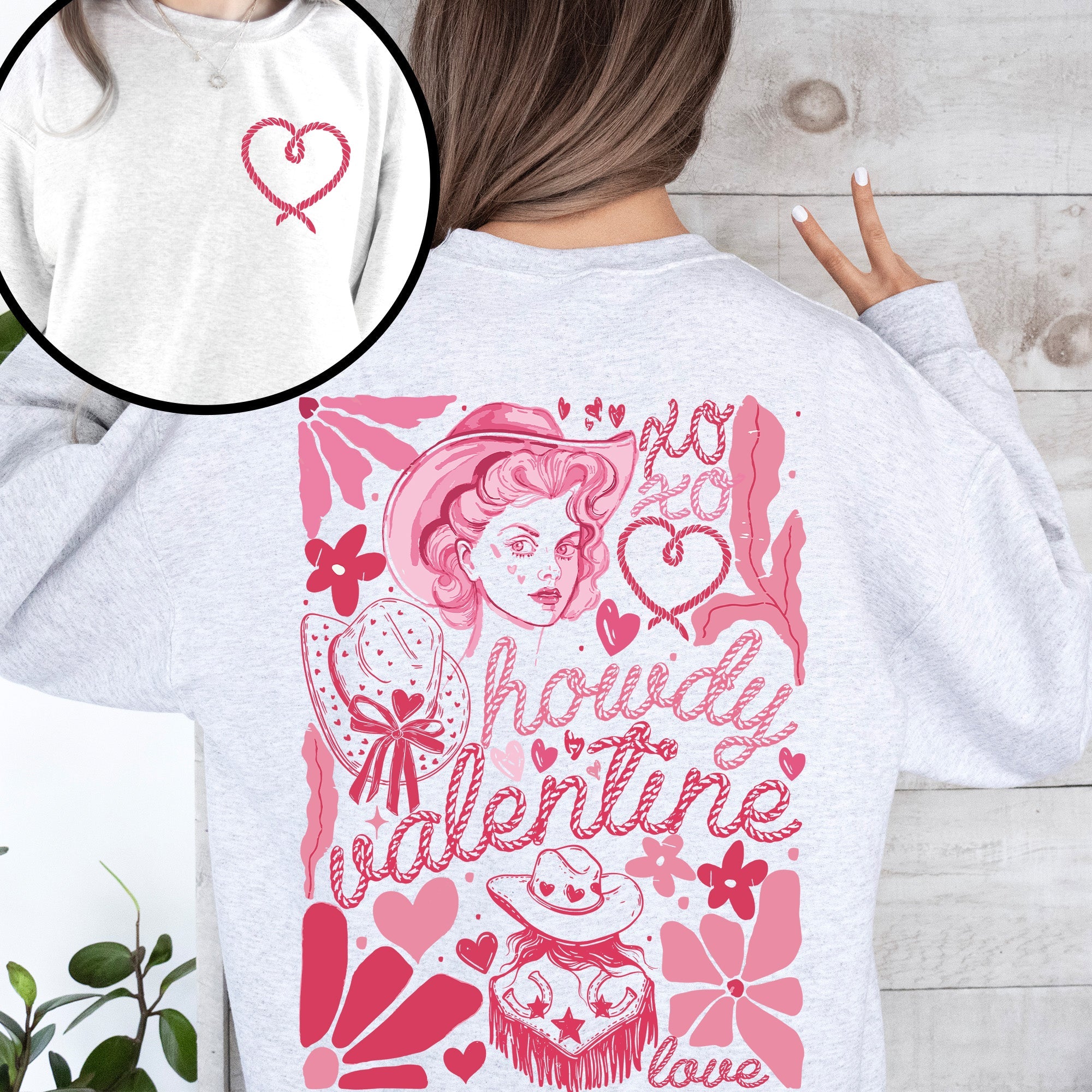 Howdy Valentine Cowgirl Western Country Love Heart Front And Back Graphic Premium Sweatshirt