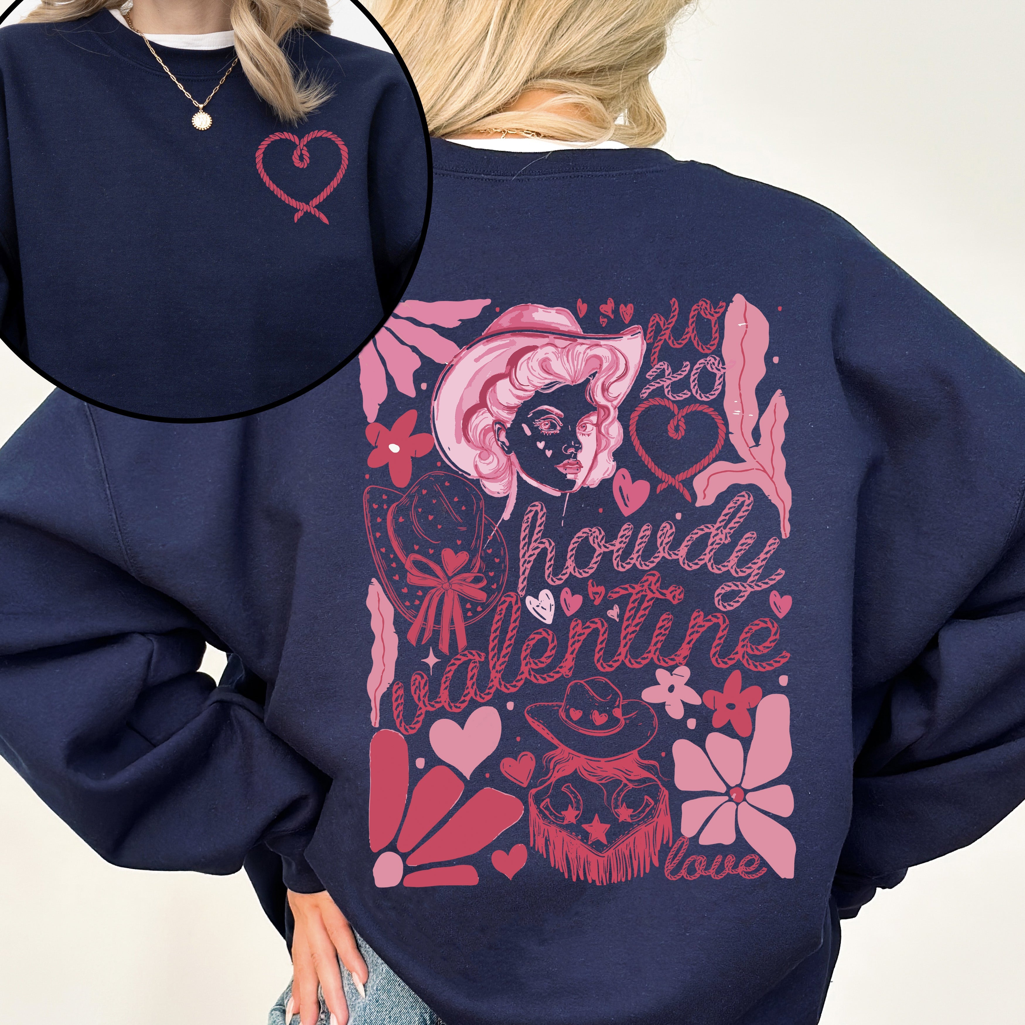 Howdy Valentine Cowgirl Western Country Love Heart Front And Back Graphic Premium Sweatshirt