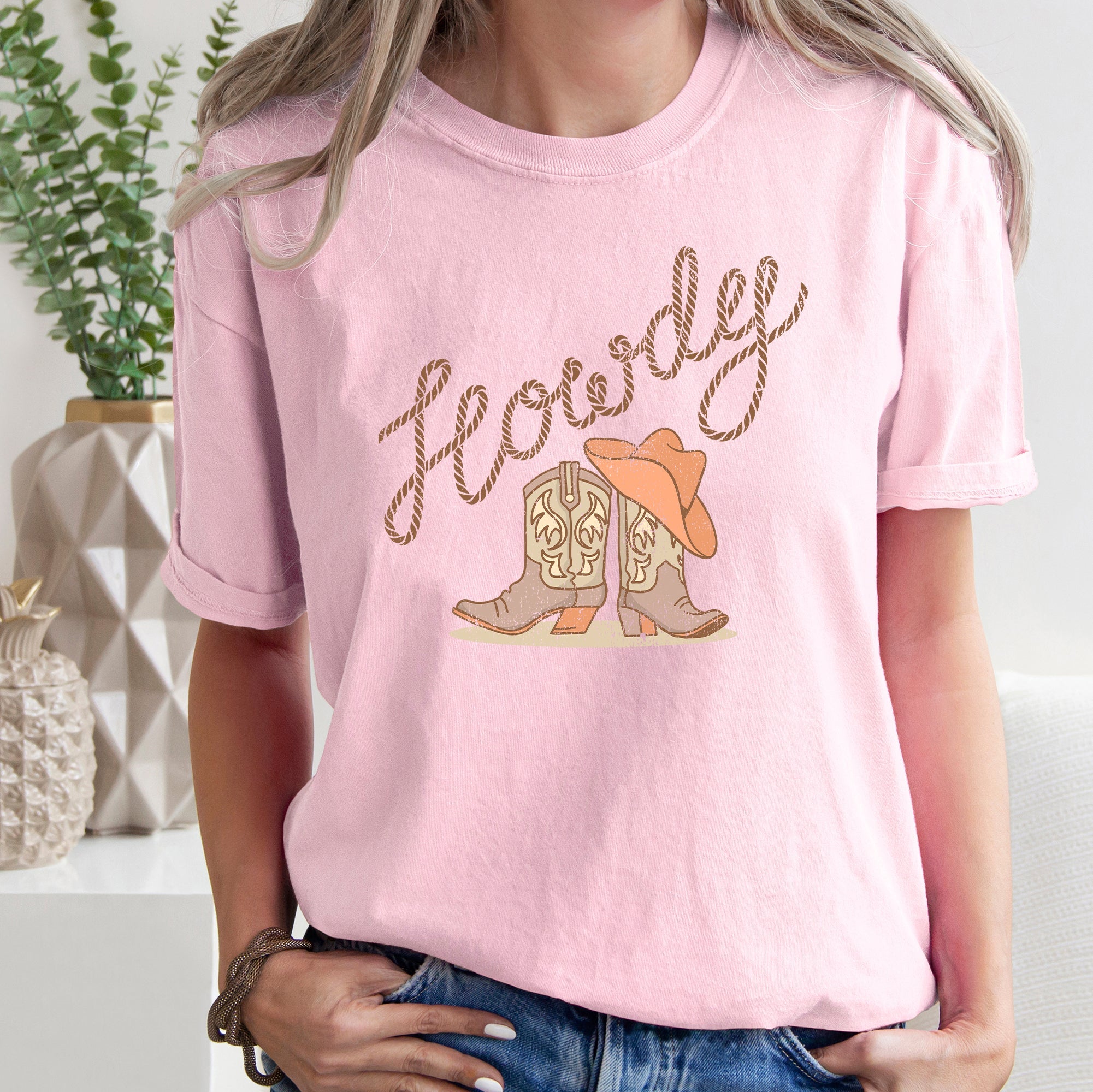 Howdy Cowboy Boots Western Country Cowgirl Vintage Sunset Print Comfort Colors Tee