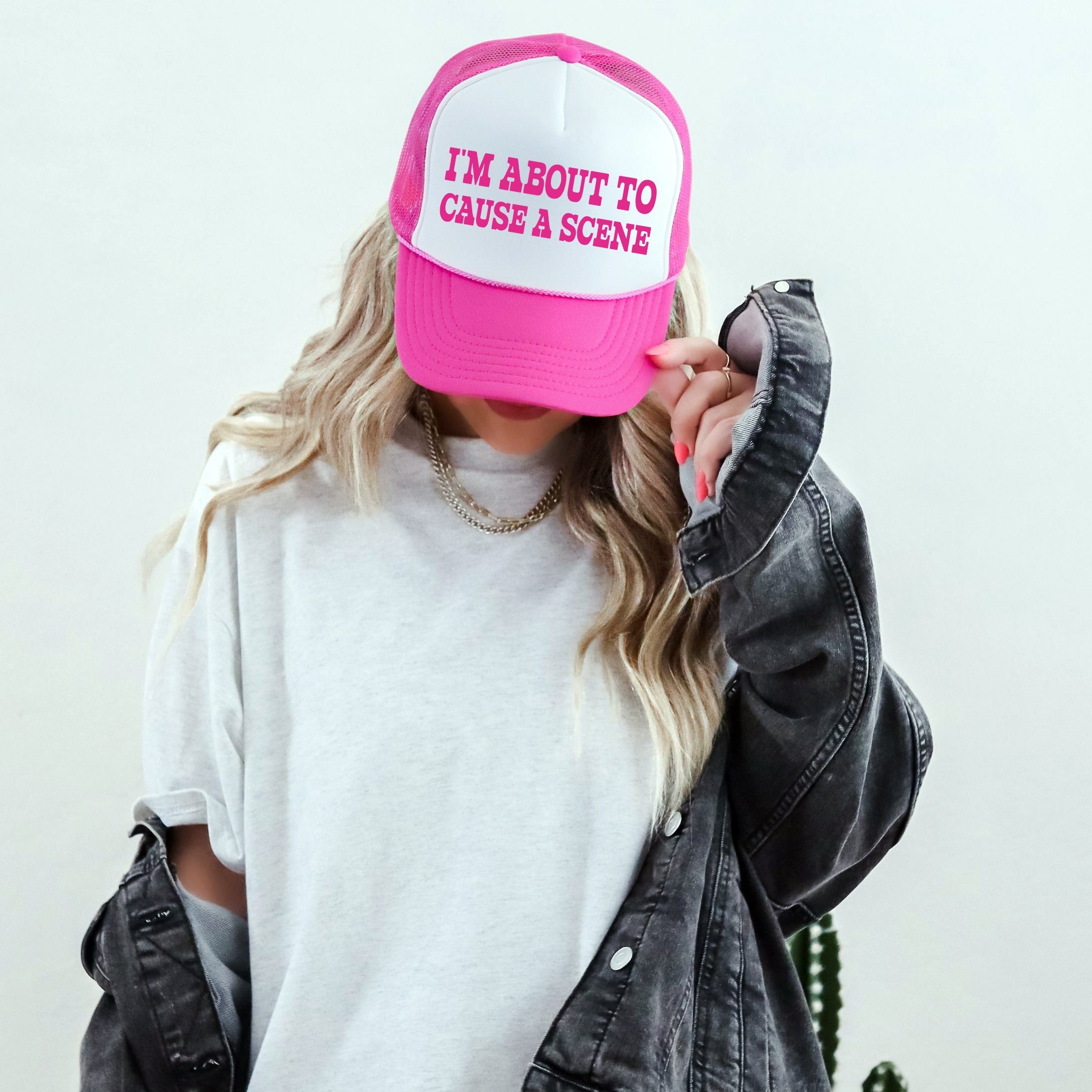 I'm About To Cause A Scene, Sassy, Funny, Bright Pink, Bold, Loud, Eye Catching Snapback Trucker Hat