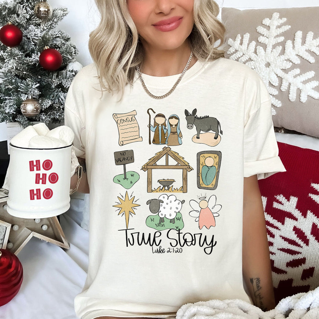 Jesus True Story Luke 2-120 Manger Nativity Christmas Scripture Comfort Colors Tee
