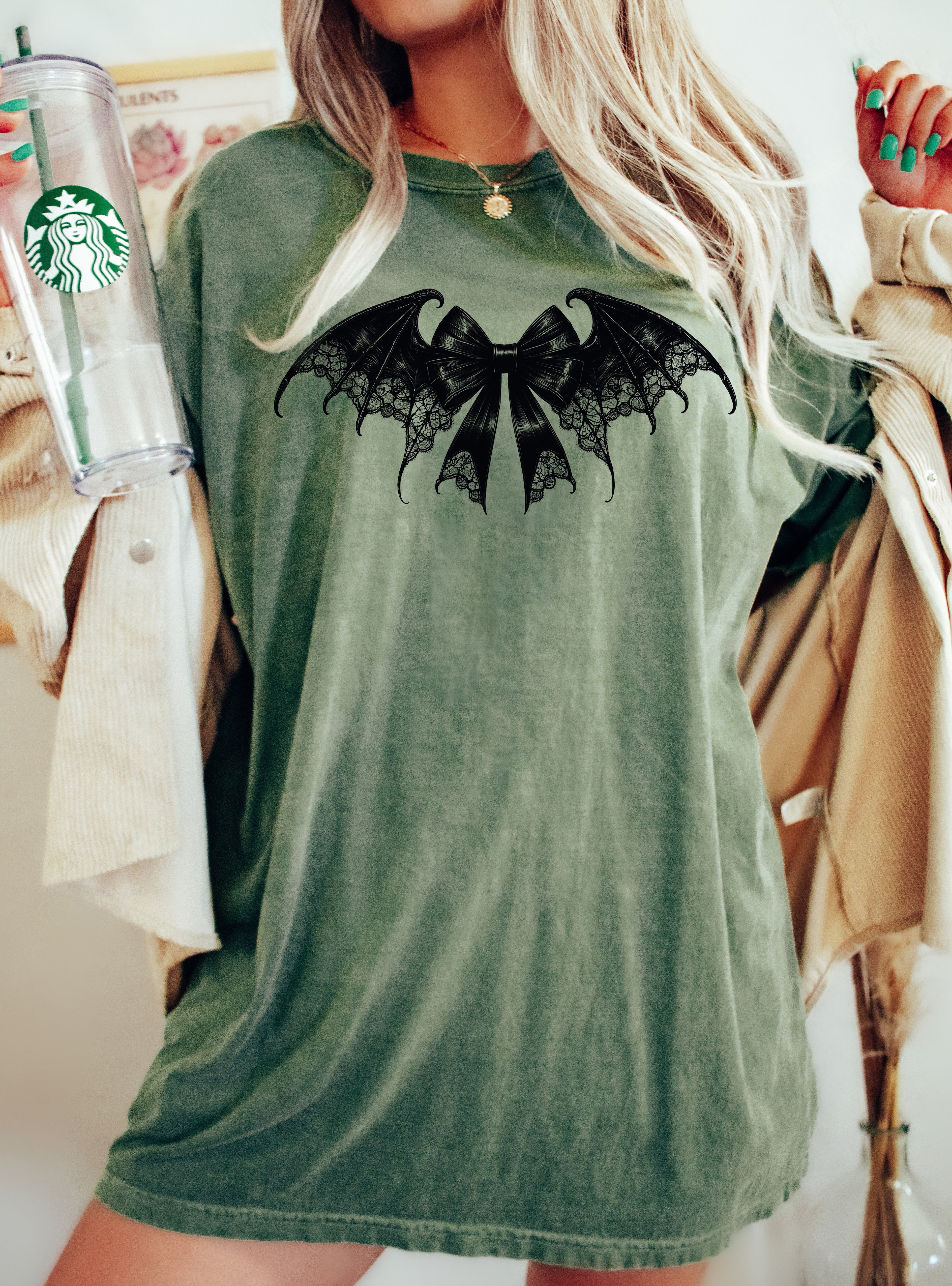 Bat Wings Vintage Ribbon Ghost Western Witch Meme Halloween Costume Comfort Colors Tee