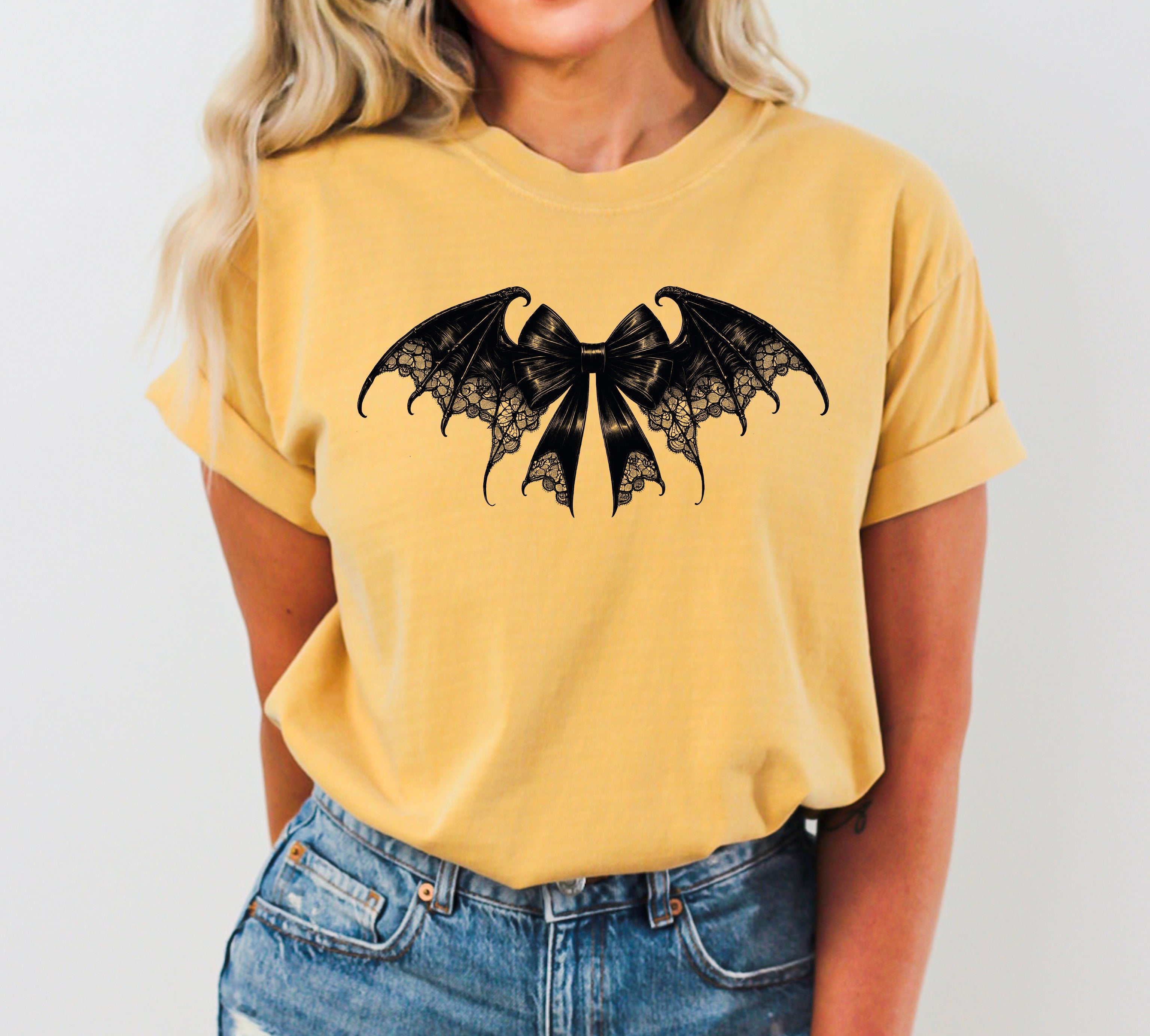 Bat Wings Vintage Ribbon Ghost Western Witch Meme Halloween Costume Comfort Colors Tee