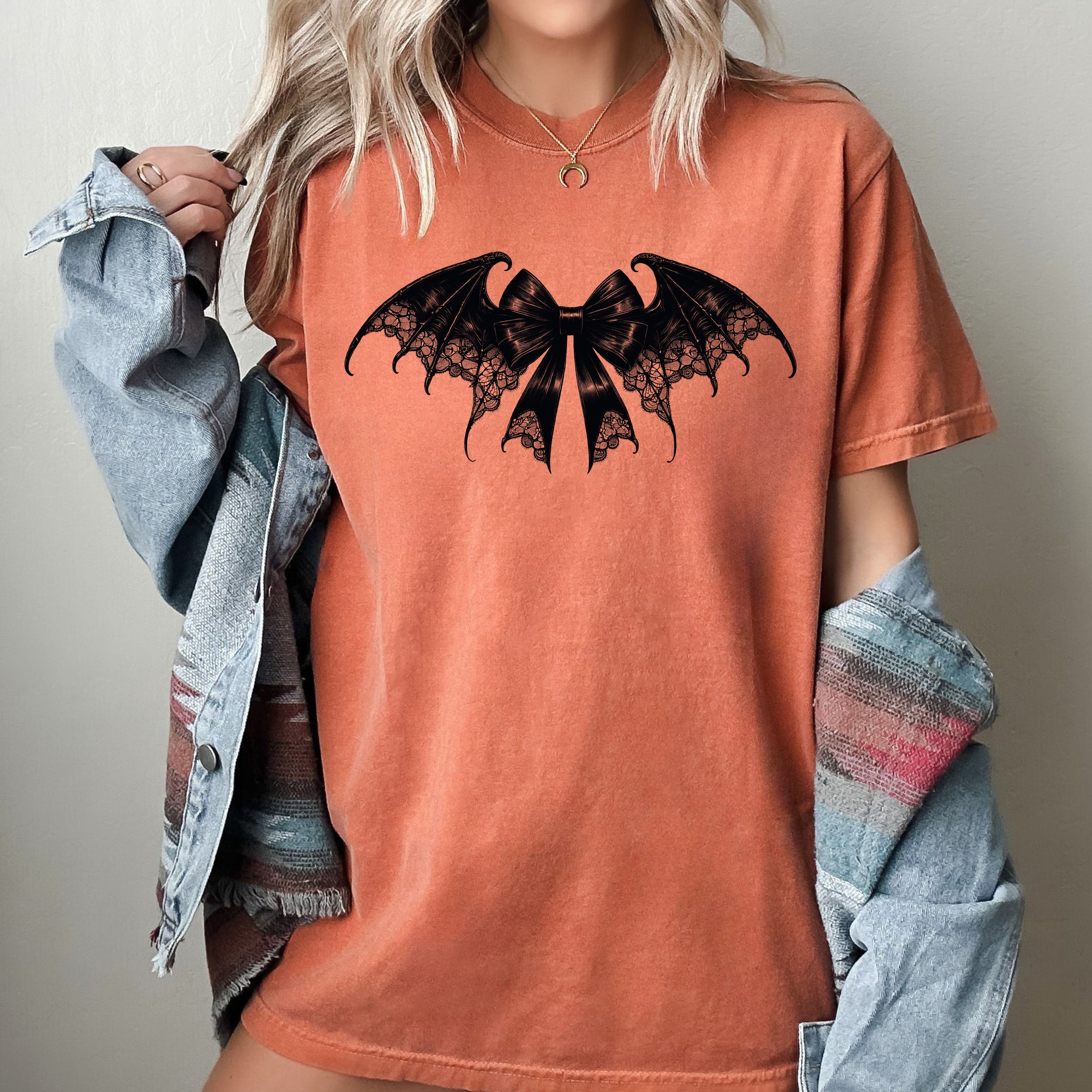 Bat Wings Vintage Ribbon Ghost Western Witch Meme Halloween Costume Comfort Colors Tee