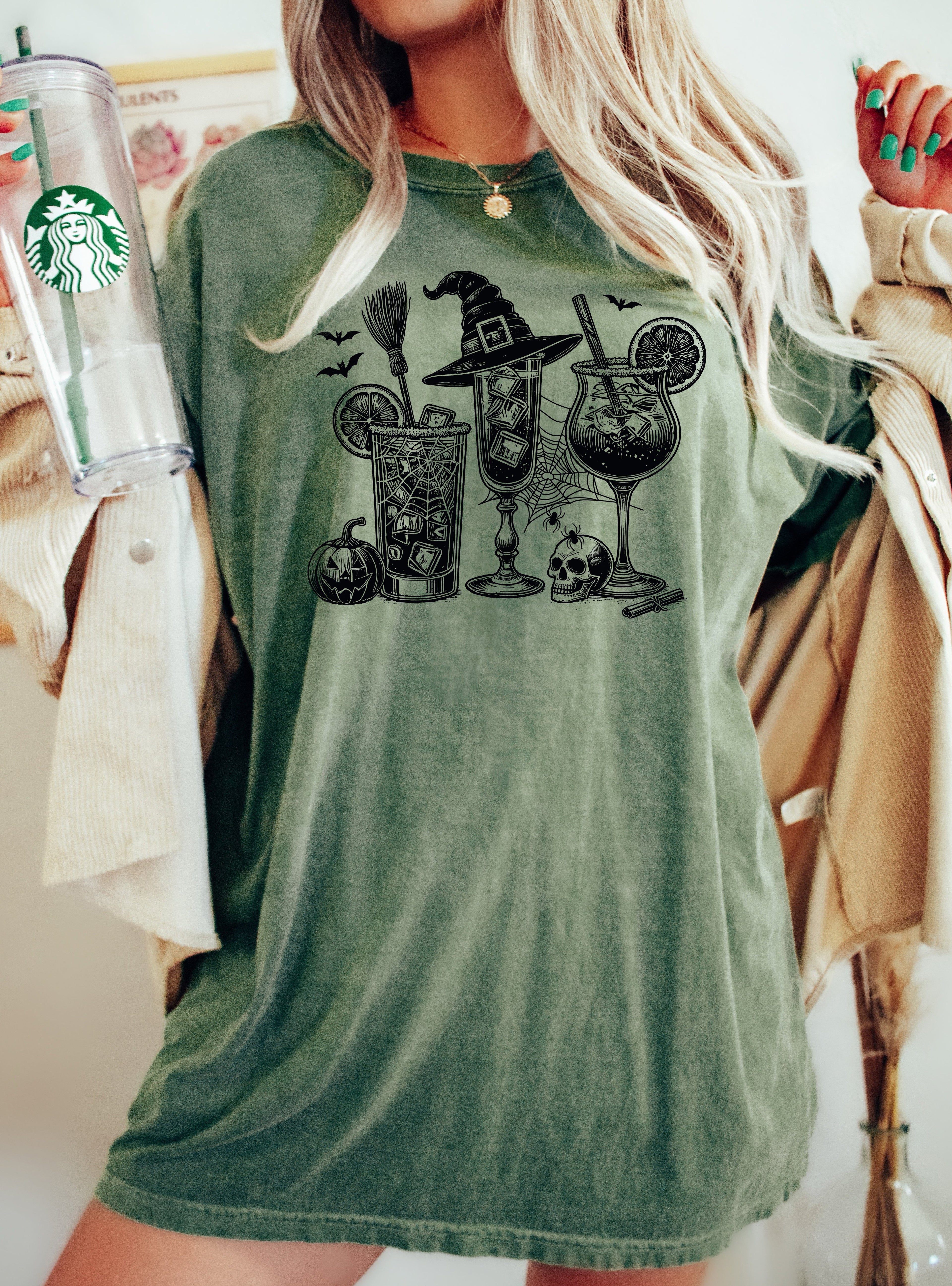Coffee Vintage Drinks Ghost Western Witch Meme Halloween Costume Graphic Comfort Colors Tee