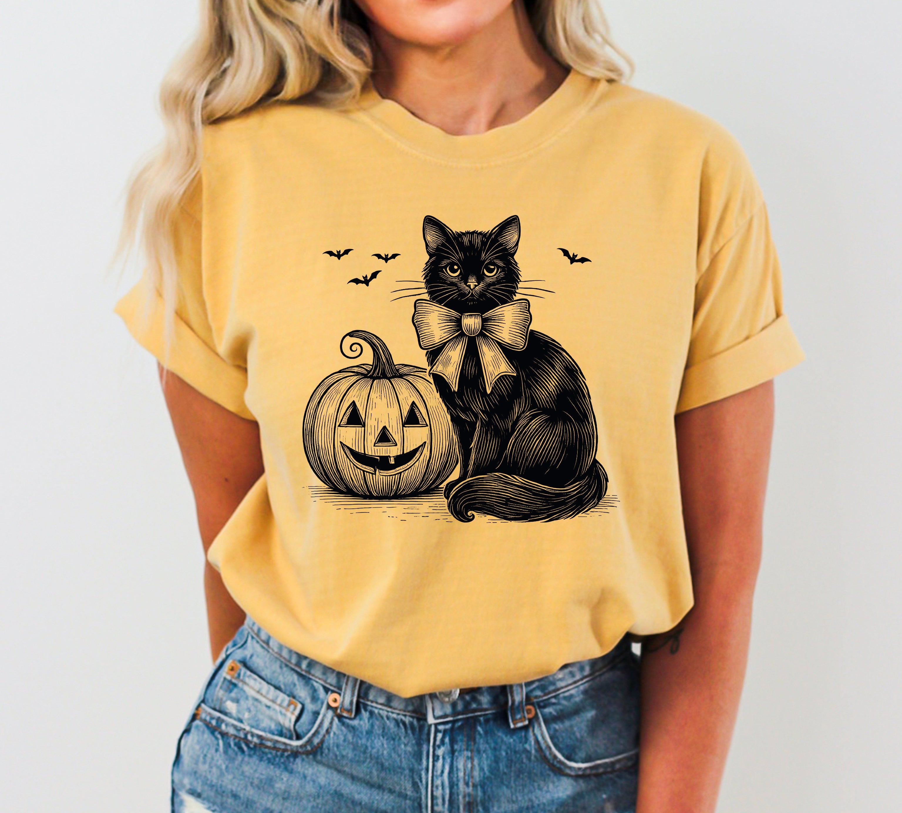 Black Cat Pumpkin Animal Lover Vintage Ghost Western Witch Aesthetic Meme Halloween Costume Comfort Colors Tee