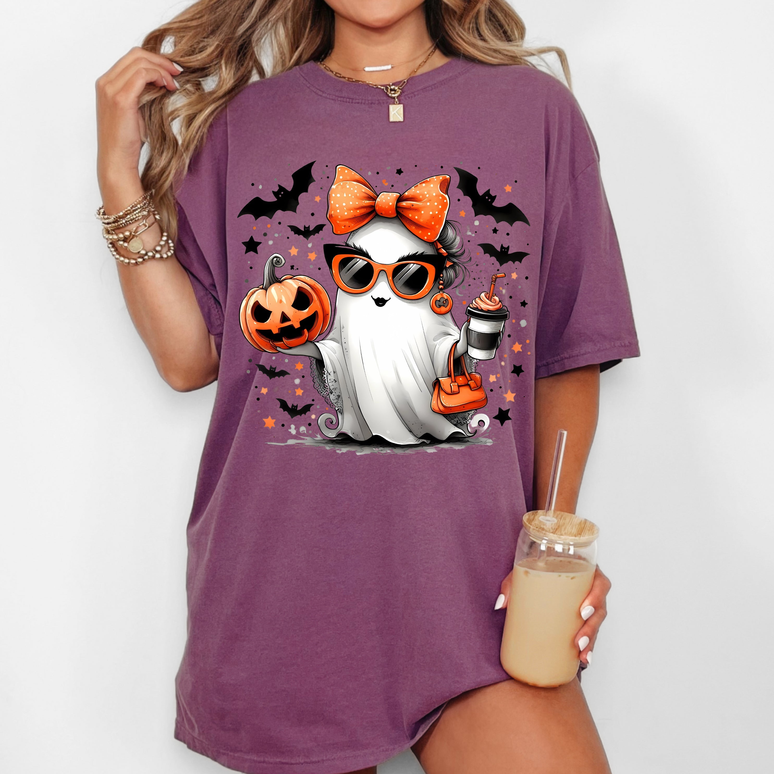 Fancy Coffee Lover Ghost Pumpkin Vintage Western Witch Aesthetic Meme Halloween Costume Comfort Colors Tee