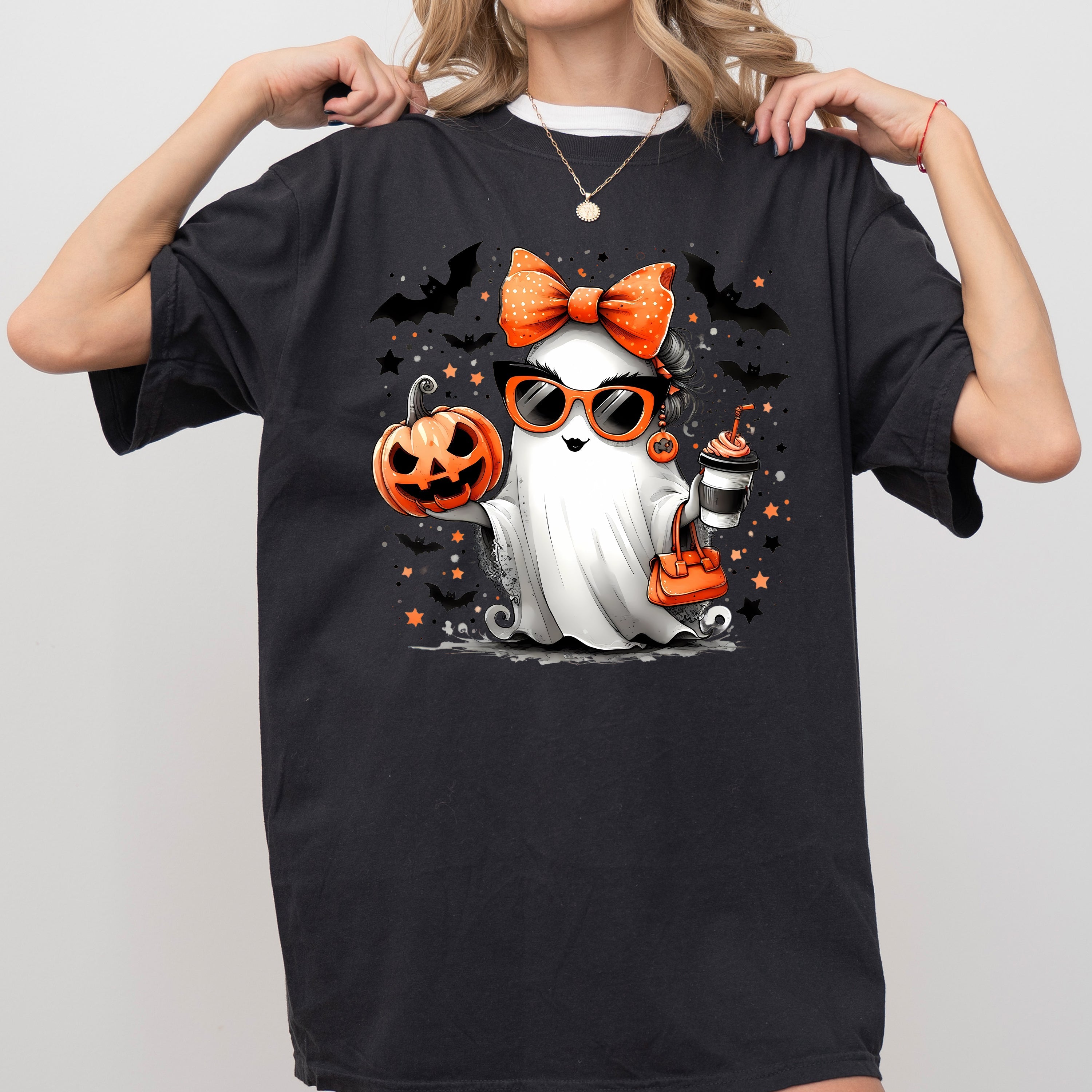 Fancy Coffee Lover Ghost Pumpkin Vintage Western Witch Aesthetic Meme Halloween Costume Comfort Colors Tee