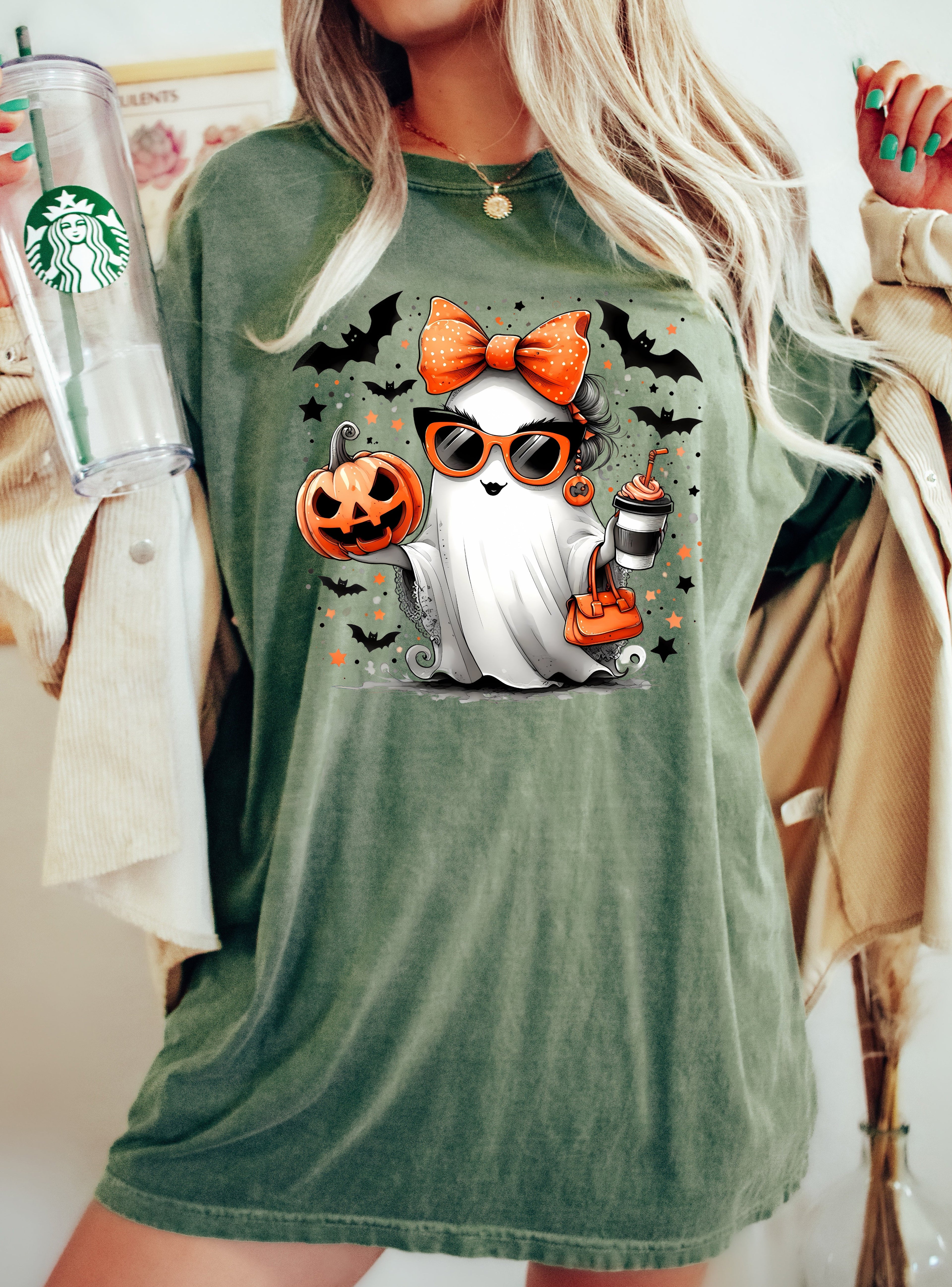 Fancy Coffee Lover Ghost Pumpkin Vintage Western Witch Aesthetic Meme Halloween Costume Comfort Colors Tee