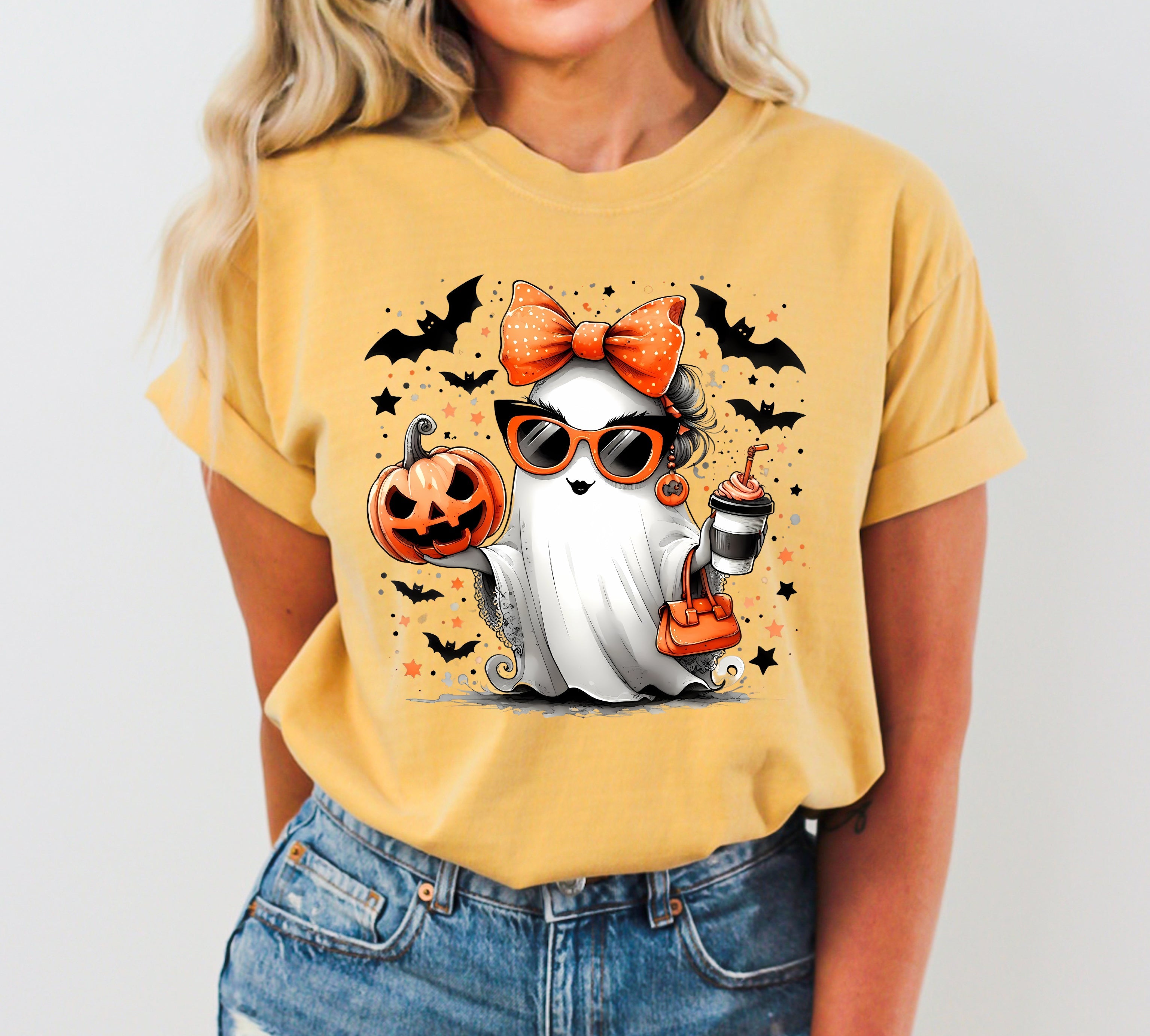 Fancy Coffee Lover Ghost Pumpkin Vintage Western Witch Aesthetic Meme Halloween Costume Comfort Colors Tee