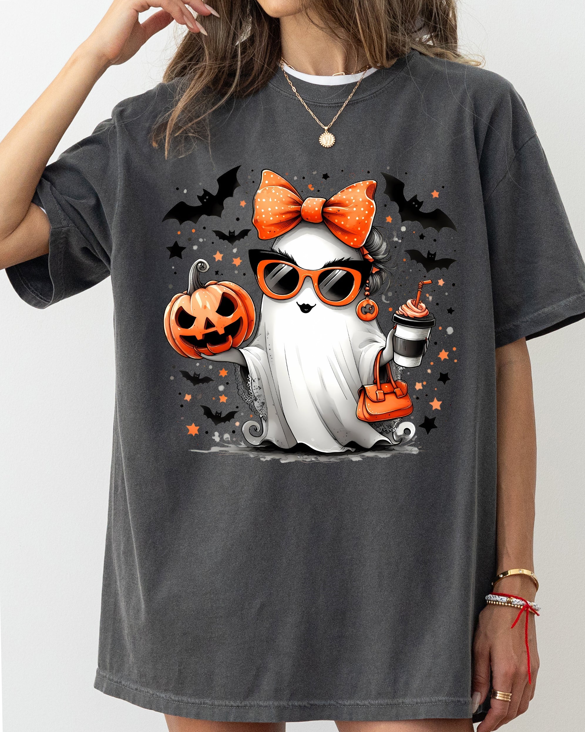 Fancy Coffee Lover Ghost Pumpkin Vintage Western Witch Aesthetic Meme Halloween Costume Comfort Colors Tee
