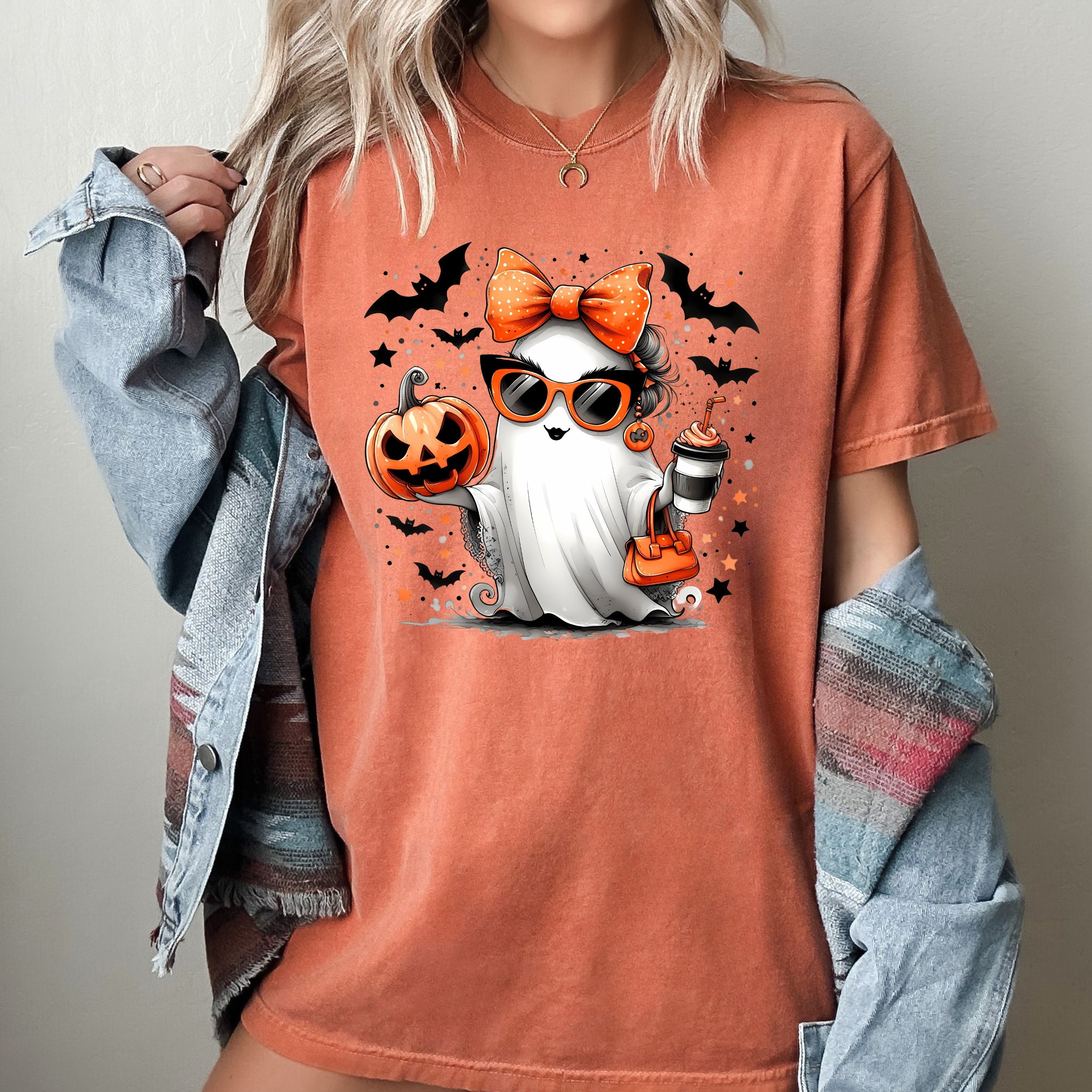 Fancy Coffee Lover Ghost Pumpkin Vintage Western Witch Aesthetic Meme Halloween Costume Comfort Colors Tee