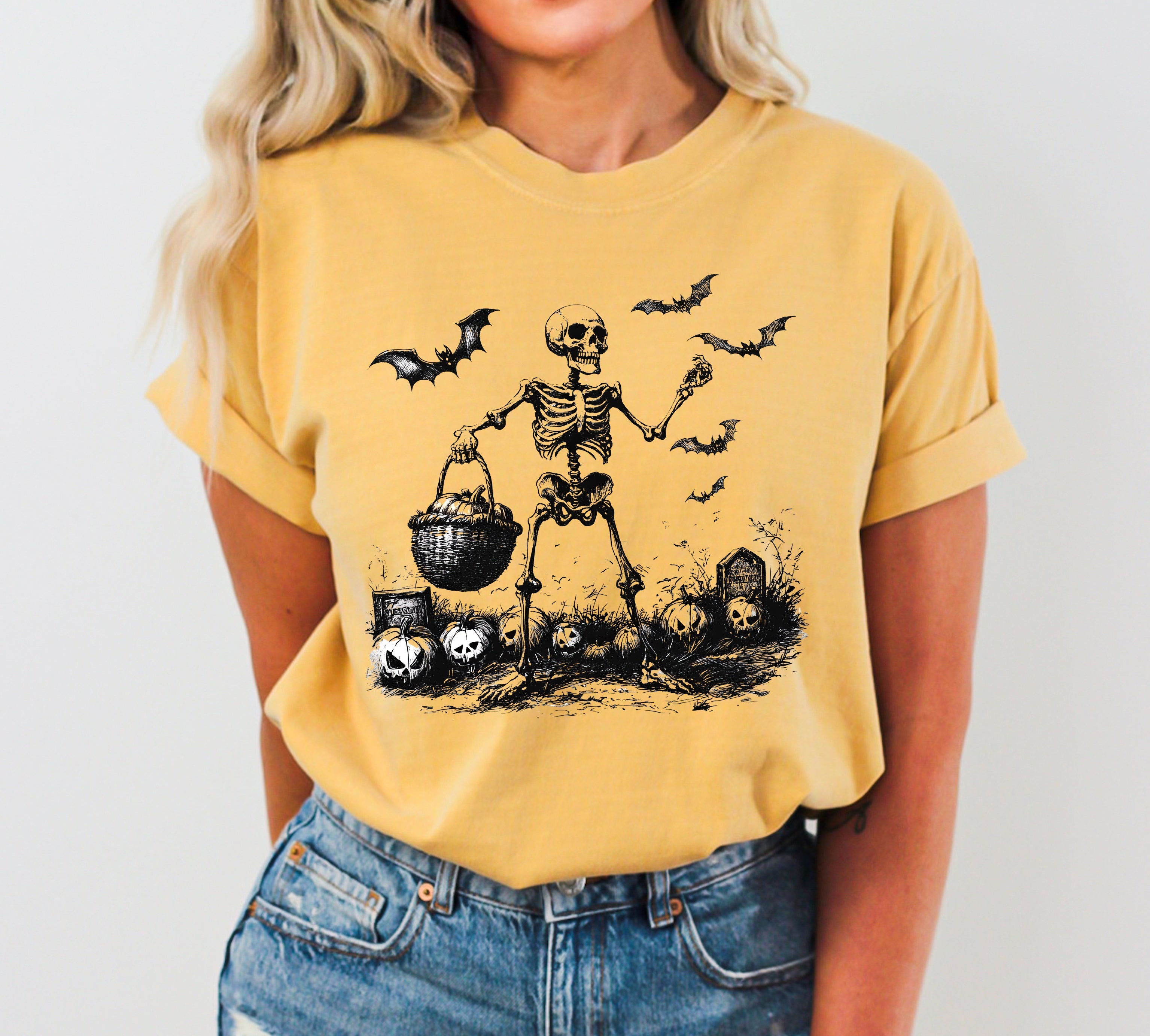 Vintage Skeleton Ghost Pumpkin Patch Witch Halloween Classic Costume Comfort Colors Tee