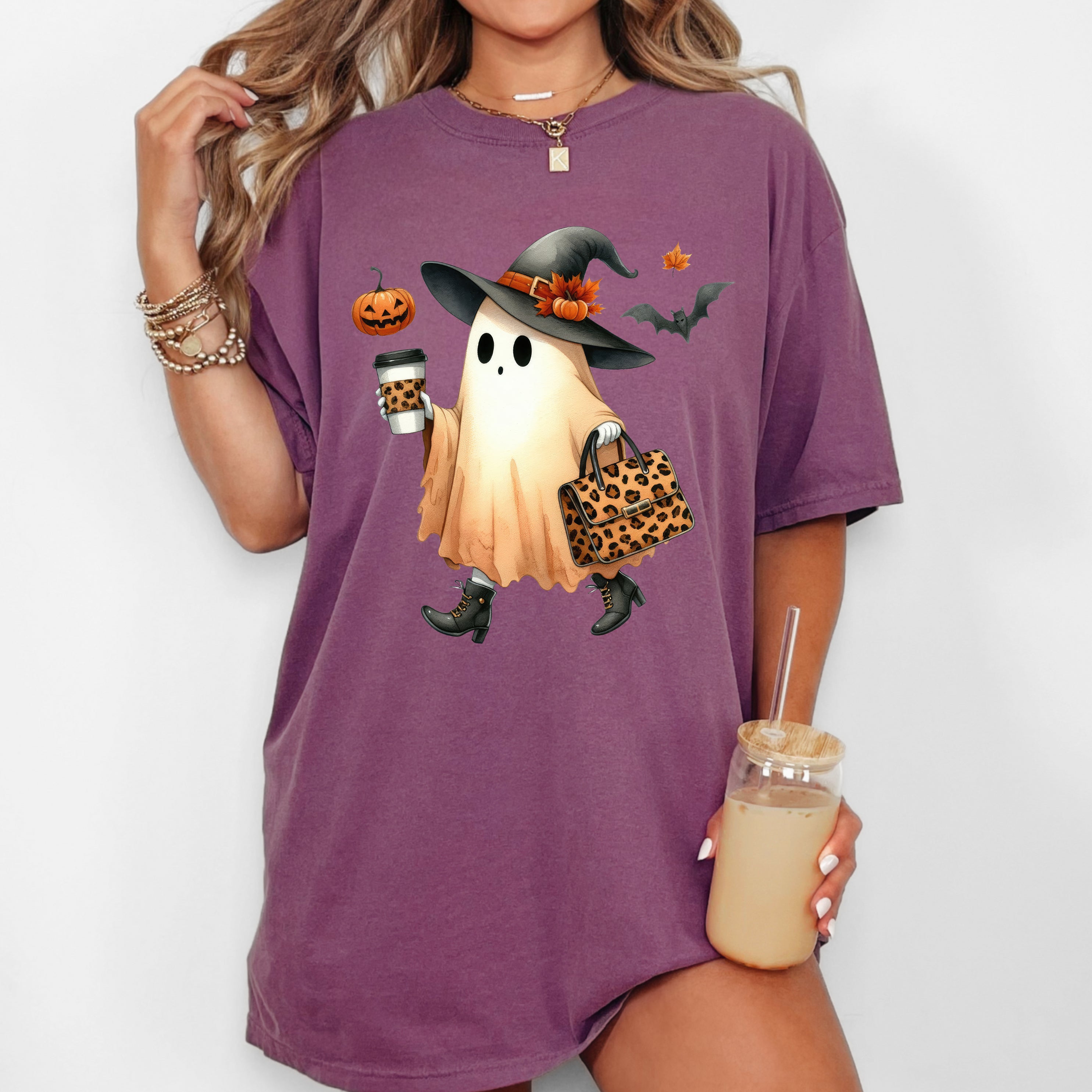 Fancy Ghost Coffee Pumpkin Spice Vintage Western Witch Halloween Costume Comfort Colors Tee