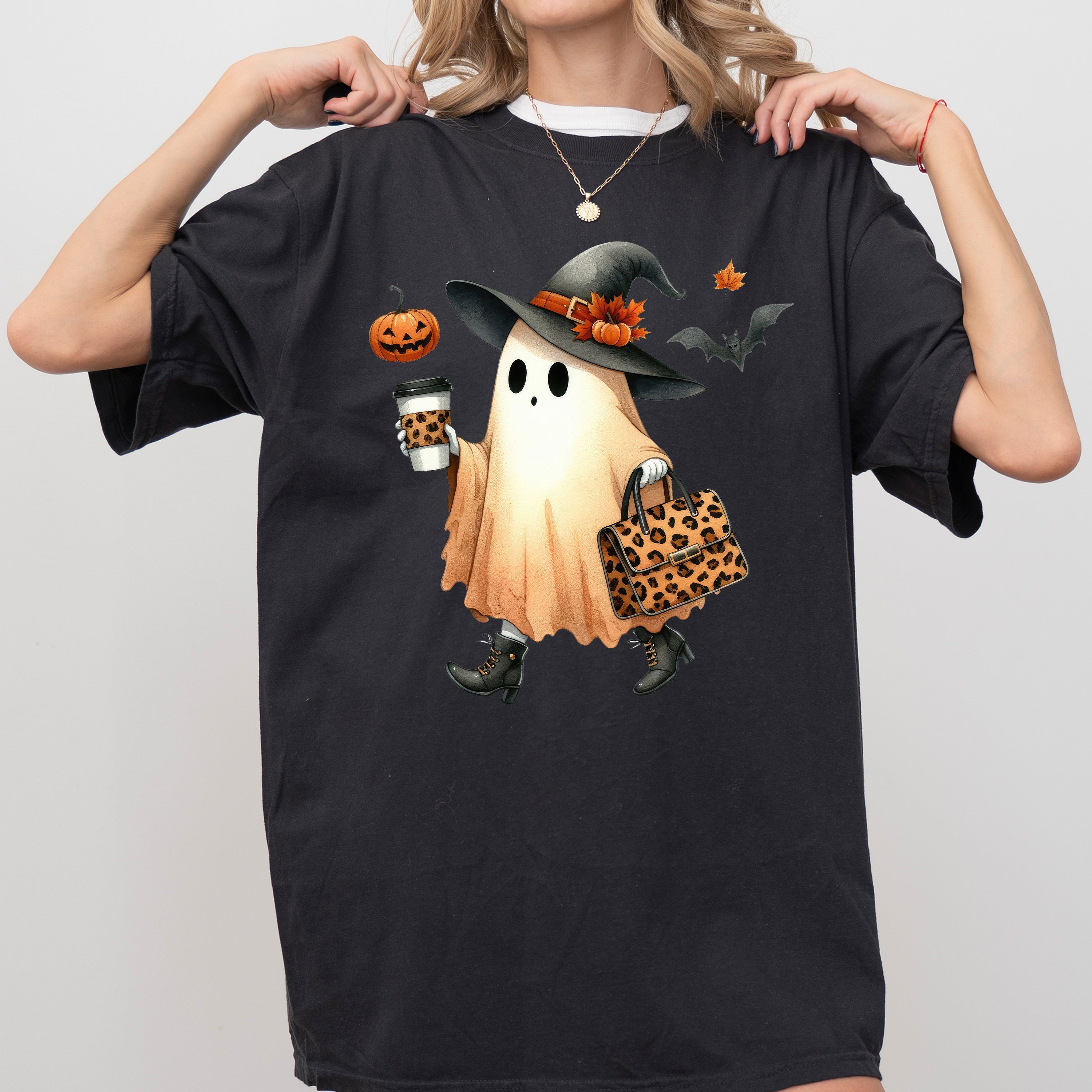 Fancy Ghost Coffee Pumpkin Spice Vintage Western Witch Halloween Costume Comfort Colors Tee
