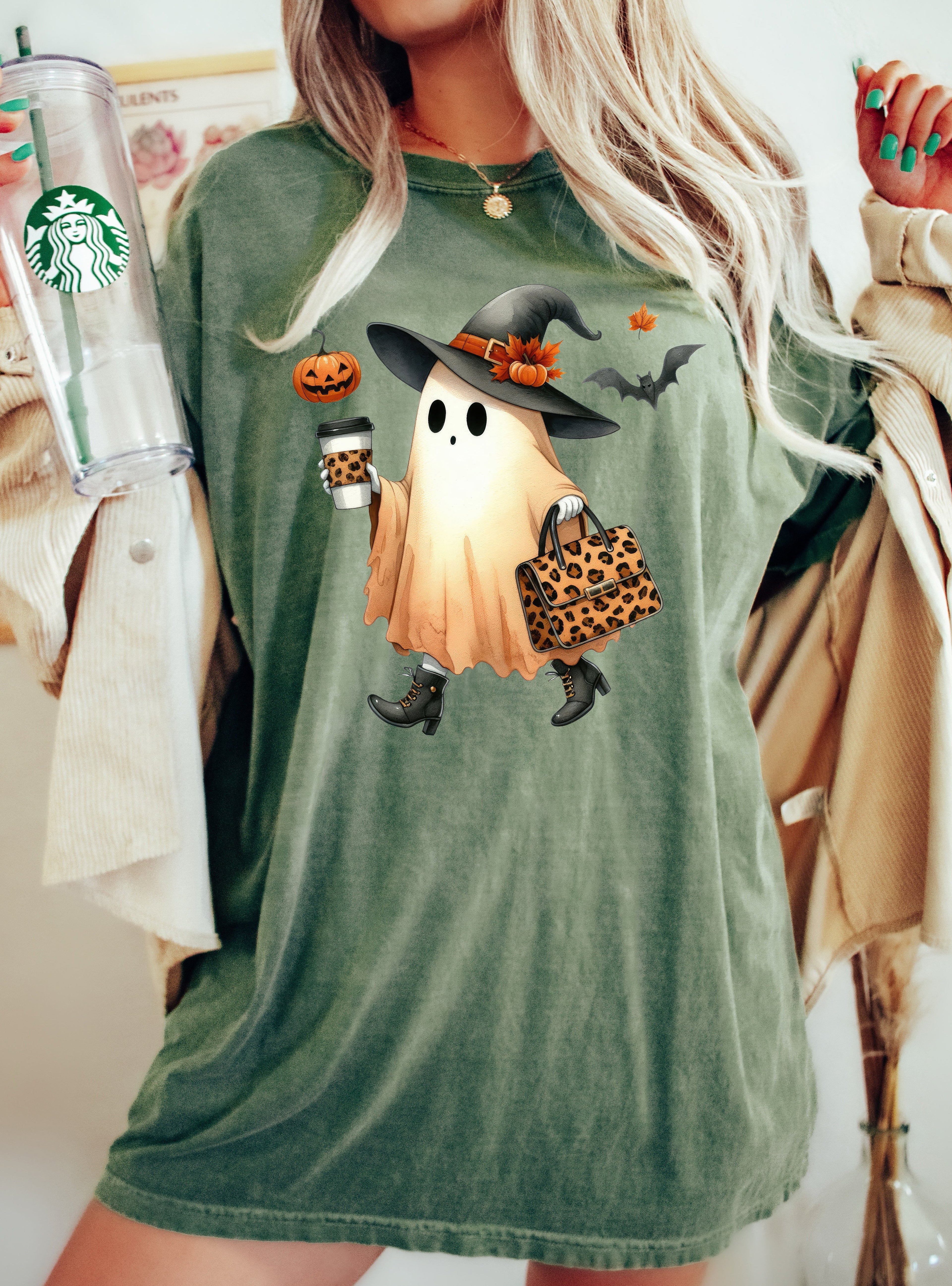 Fancy Ghost Coffee Pumpkin Spice Vintage Western Witch Halloween Costume Comfort Colors Tee
