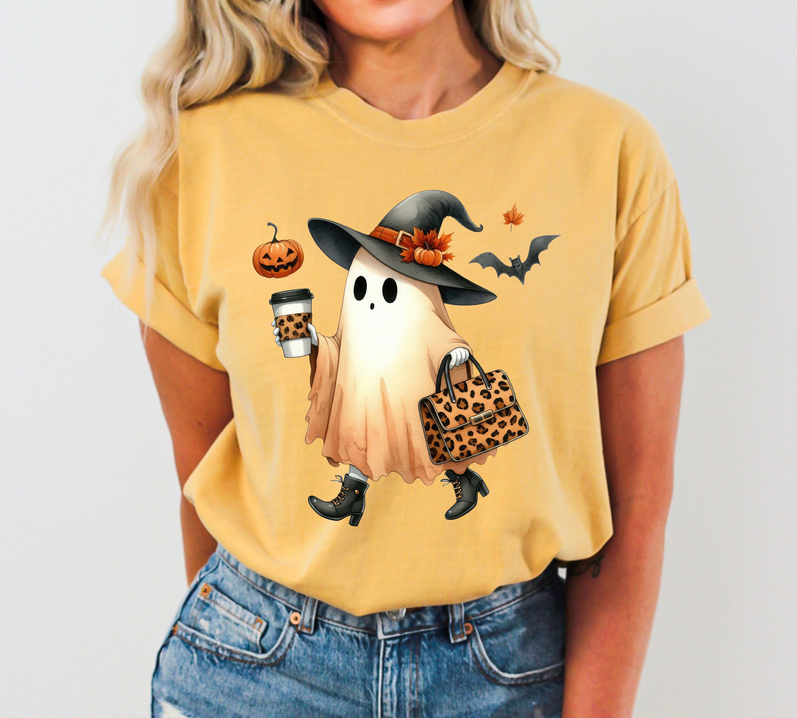 Fancy Ghost Coffee Pumpkin Spice Vintage Western Witch Halloween Costume Comfort Colors Tee