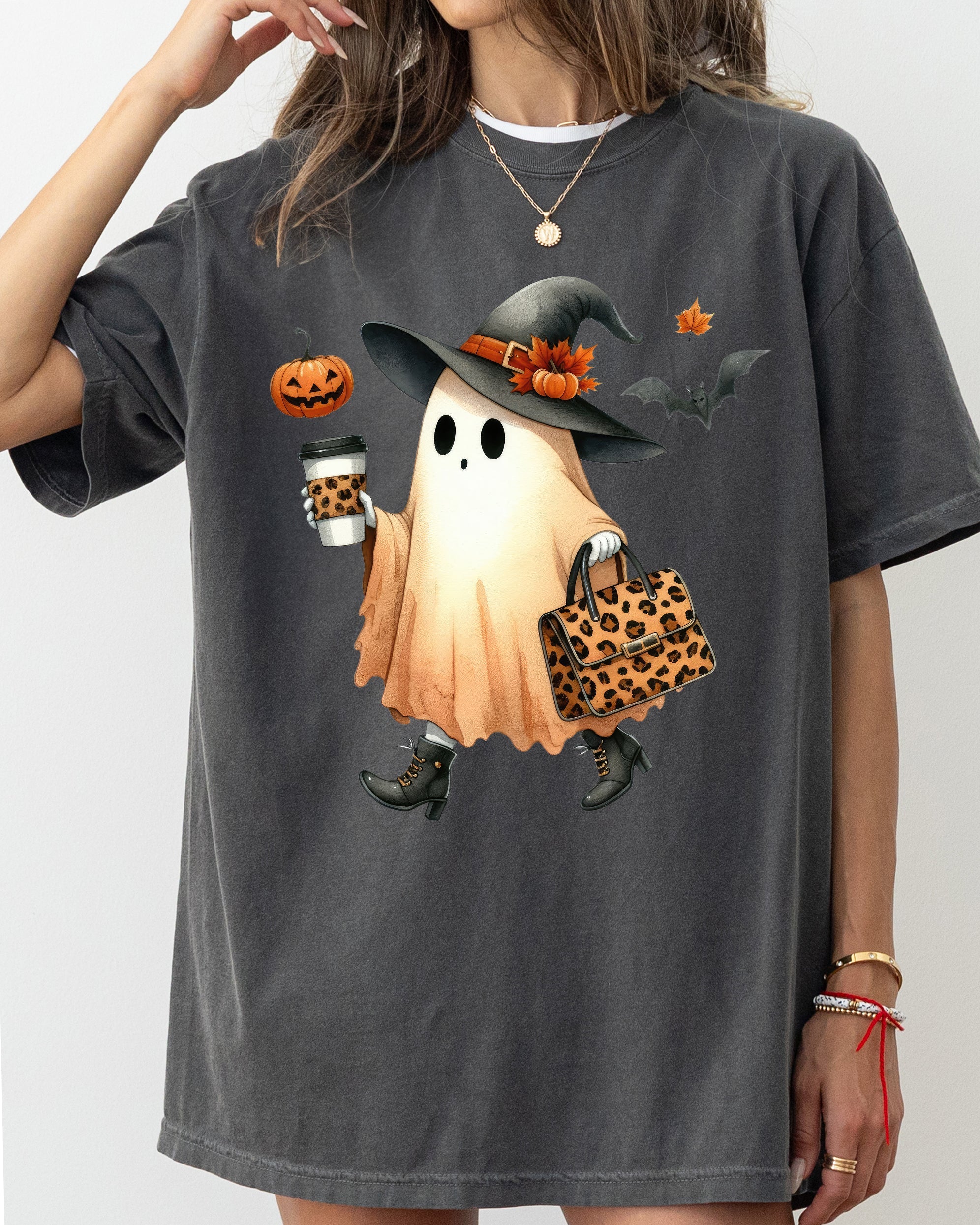 Fancy Ghost Coffee Pumpkin Spice Vintage Western Witch Halloween Costume Comfort Colors Tee