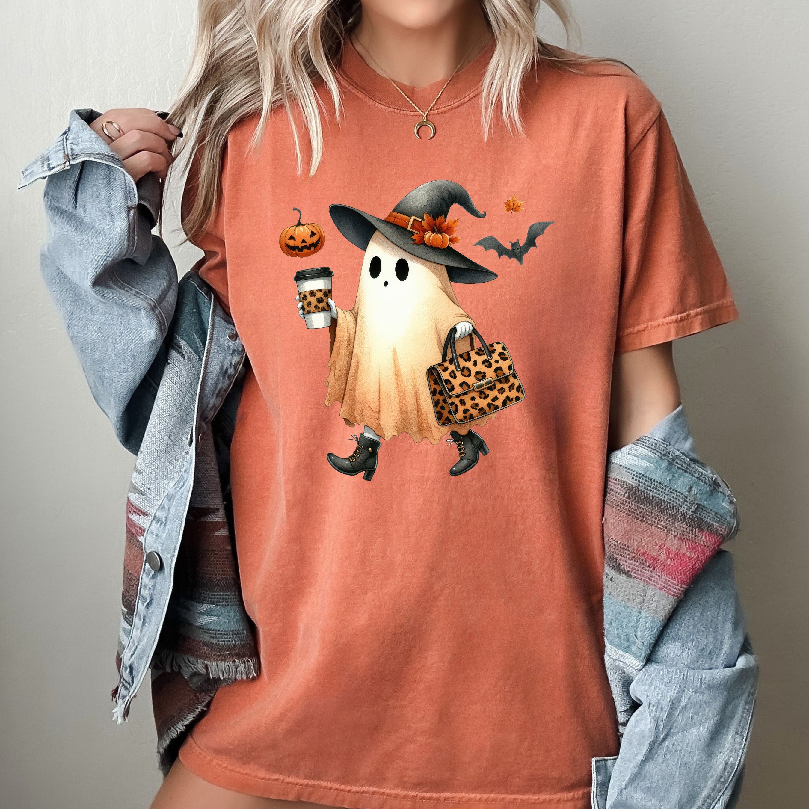 Fancy Ghost Coffee Pumpkin Spice Vintage Western Witch Halloween Costume Comfort Colors Tee