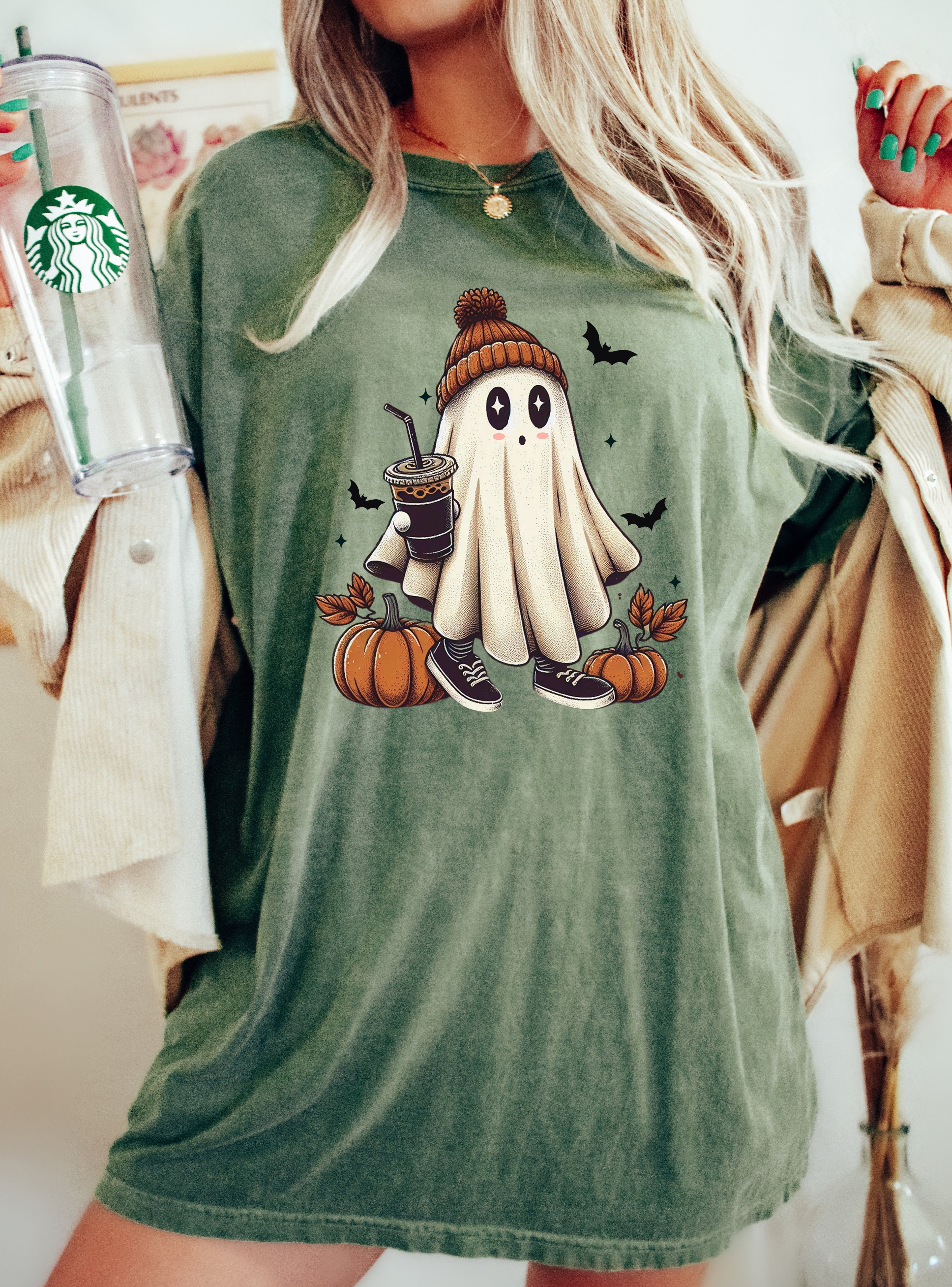 Coffee Lover Ghost Vintage Western Witch Aesthetic Meme Halloween Costume Comfort Colors Tee