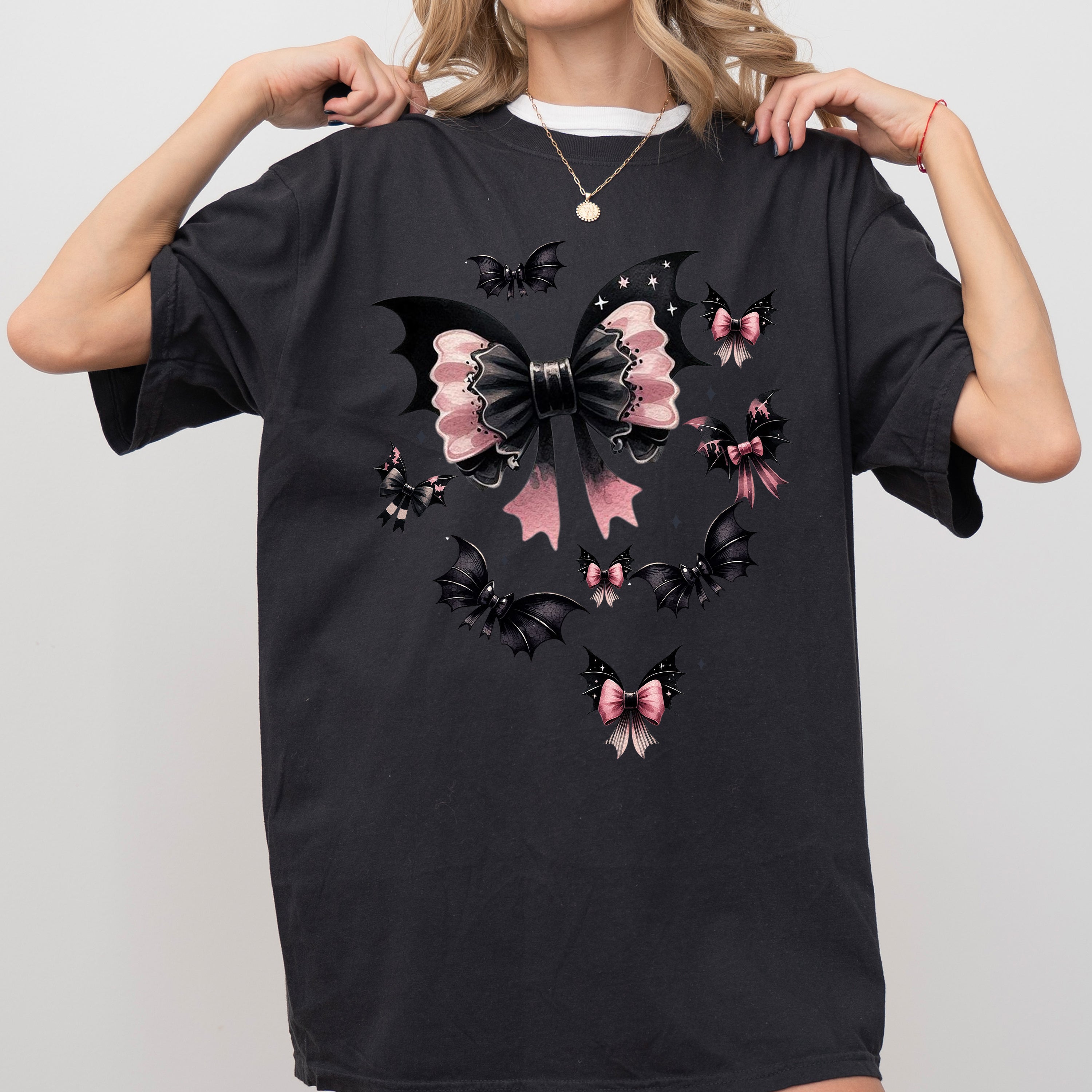 Flying Bats Bow Ribbon Ghost Vintage Western Witch Aesthetic Meme Halloween Costume Comfort Colors Tee