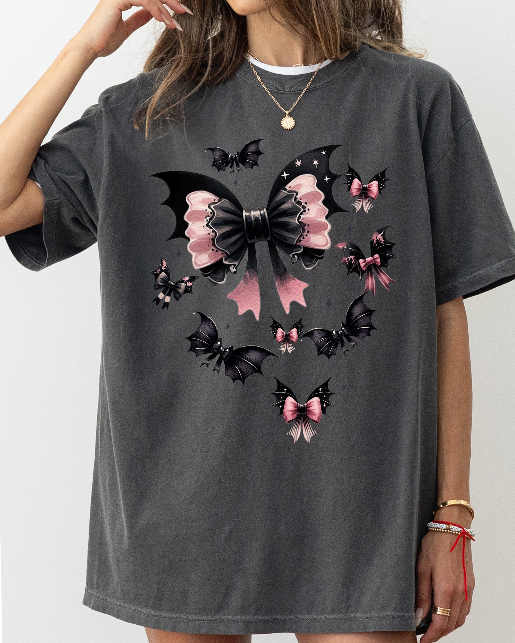 Flying Bats Bow Ribbon Ghost Vintage Western Witch Aesthetic Meme Halloween Costume Comfort Colors Tee