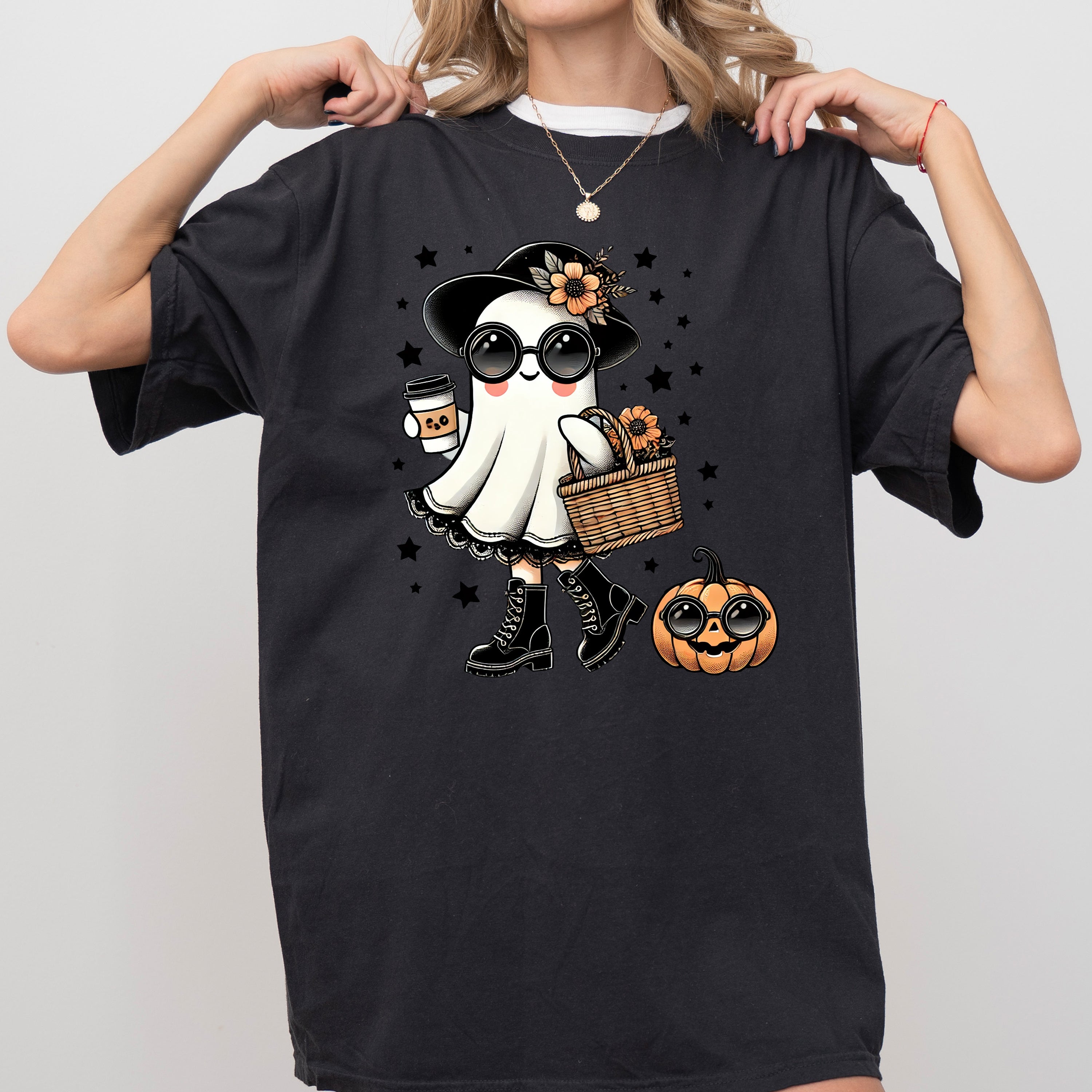 Fancy Ghost Coffee Lover Vintage Western Witch Meme Halloween Comfort Colors Tee